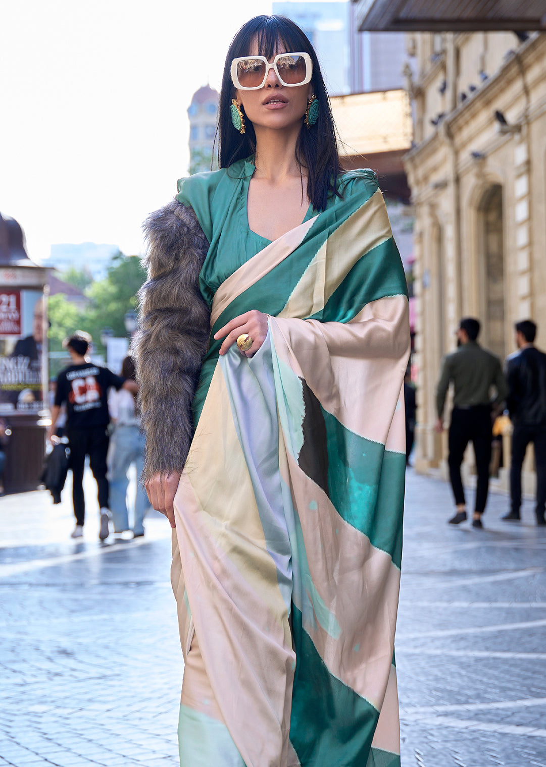 Teal Green Woven Digital Printed Satin Crepe Silk Saree