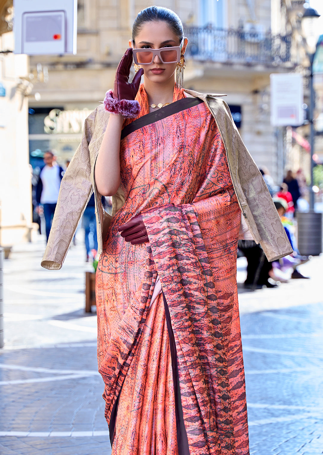 Georgia Peach Orange Woven Digital Printed Satin Crepe Silk Saree