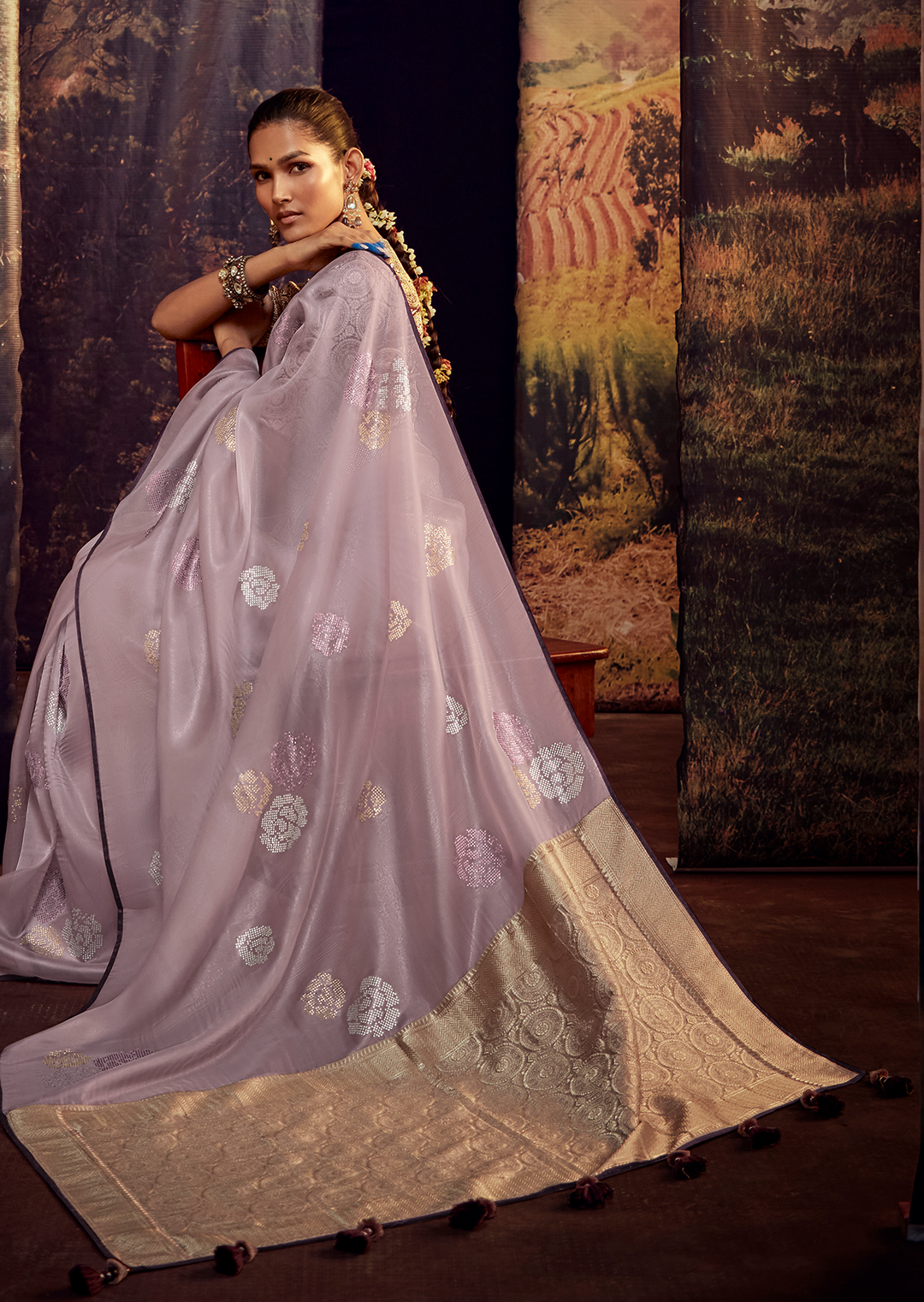 LILAC PURPLE PURE TISSUE SILK DESIGNER SAREE