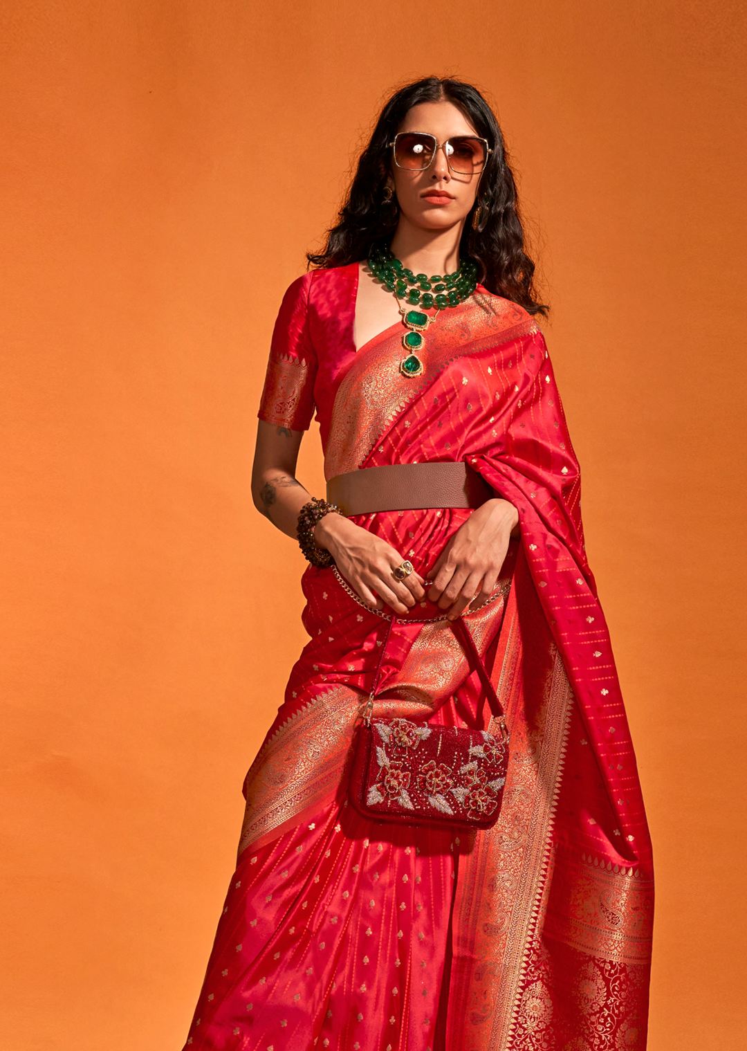 Red	Zari Woven  Handloom Pure Banarasi Satin Silk Saree