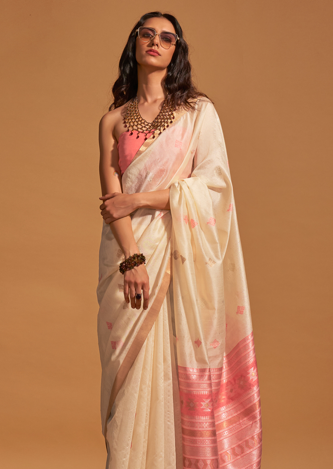 Pearl White Woven Pure Handloom Silk Saree