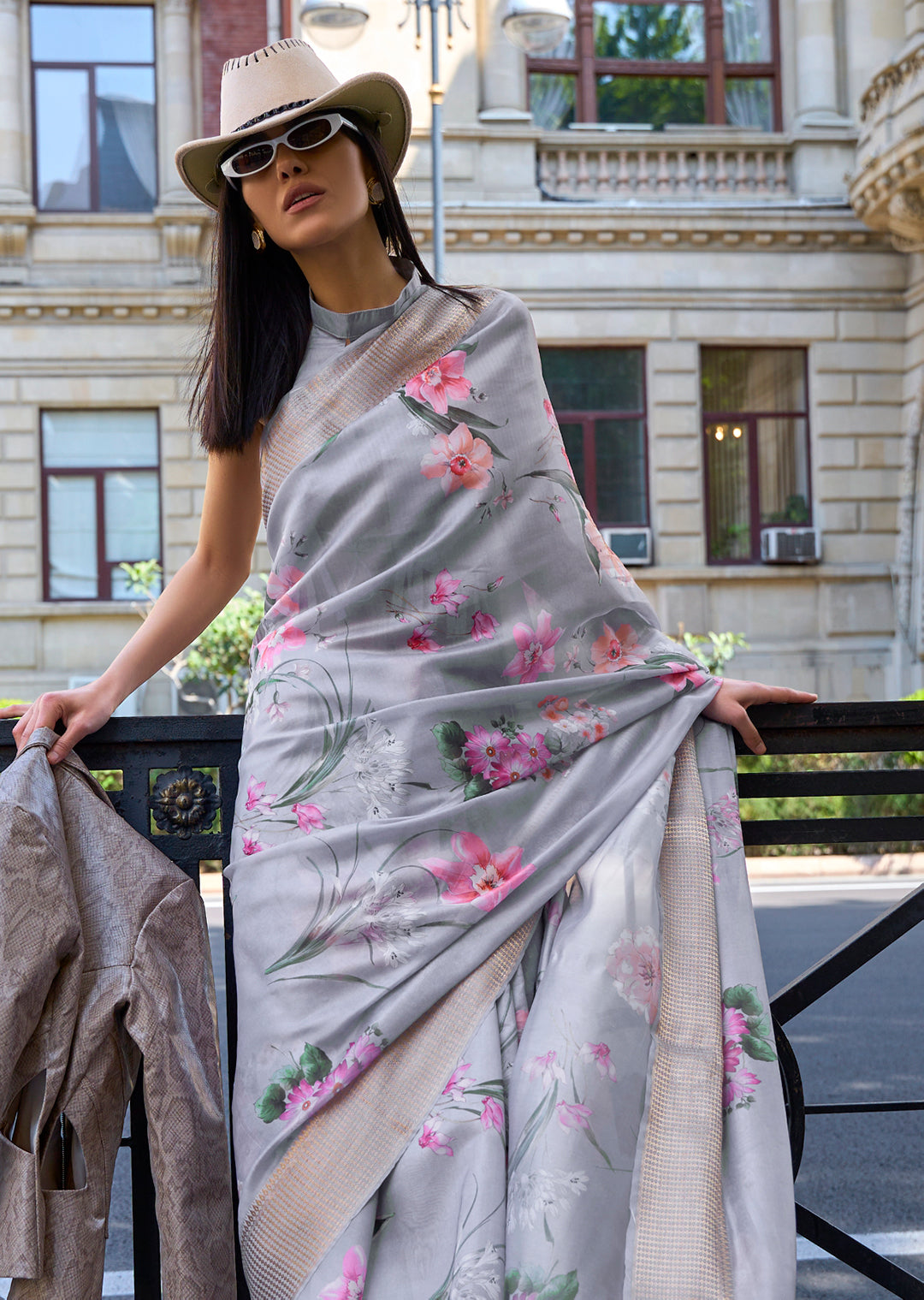 Grey Woven Pure Satin Organza Silk Saree