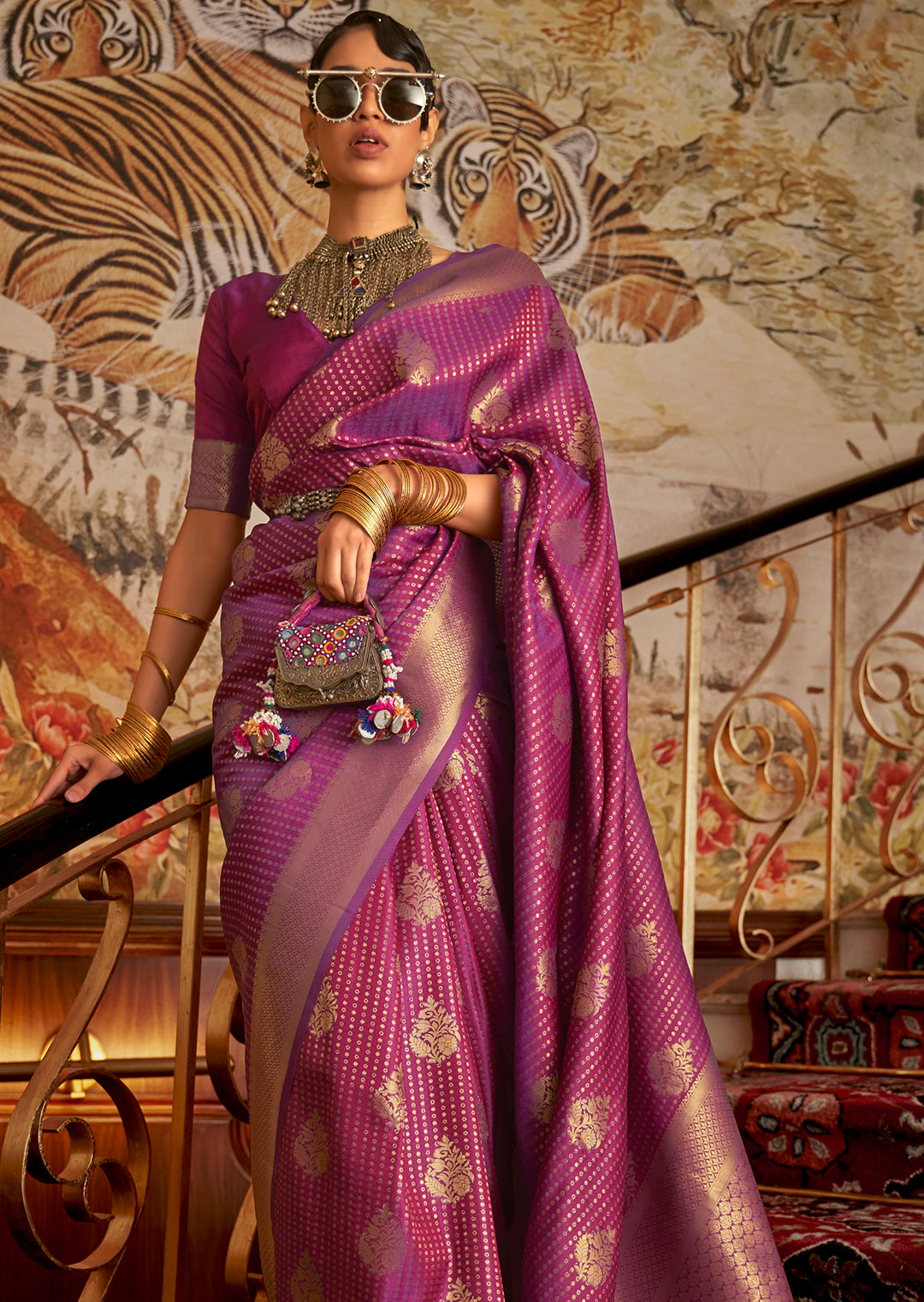 Purple Zari Woven Two Tone Chinon Kanjivaram Silk Saree