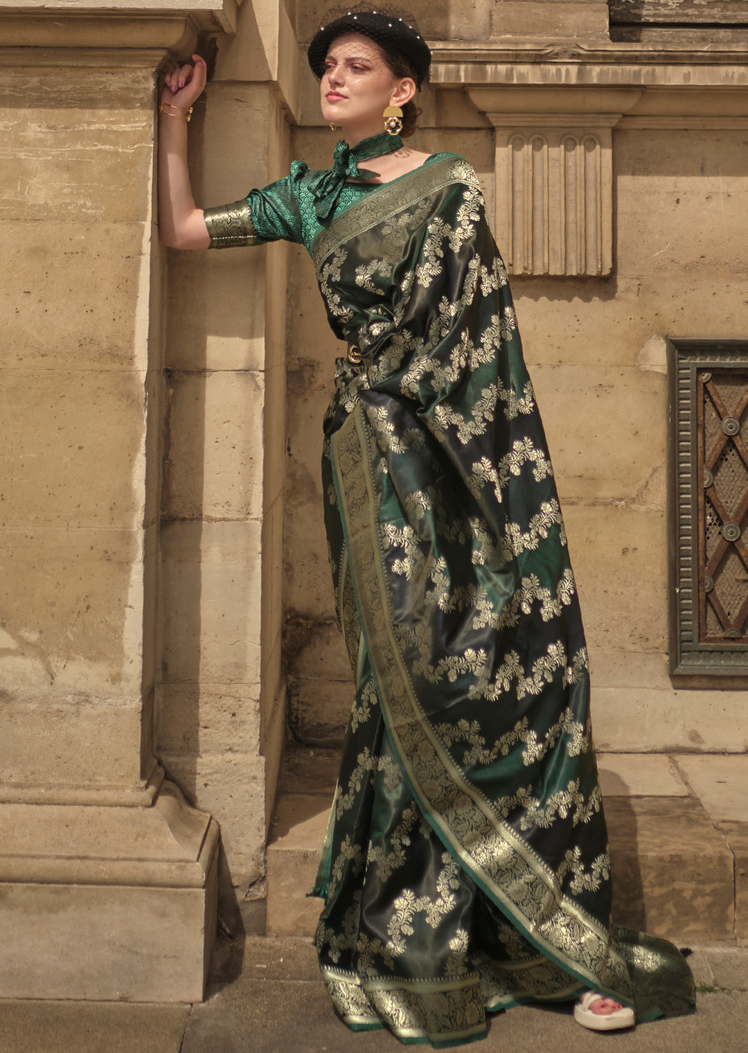 Bottle Green Woven Pure Handloom Banarasi Satin Silk Saree