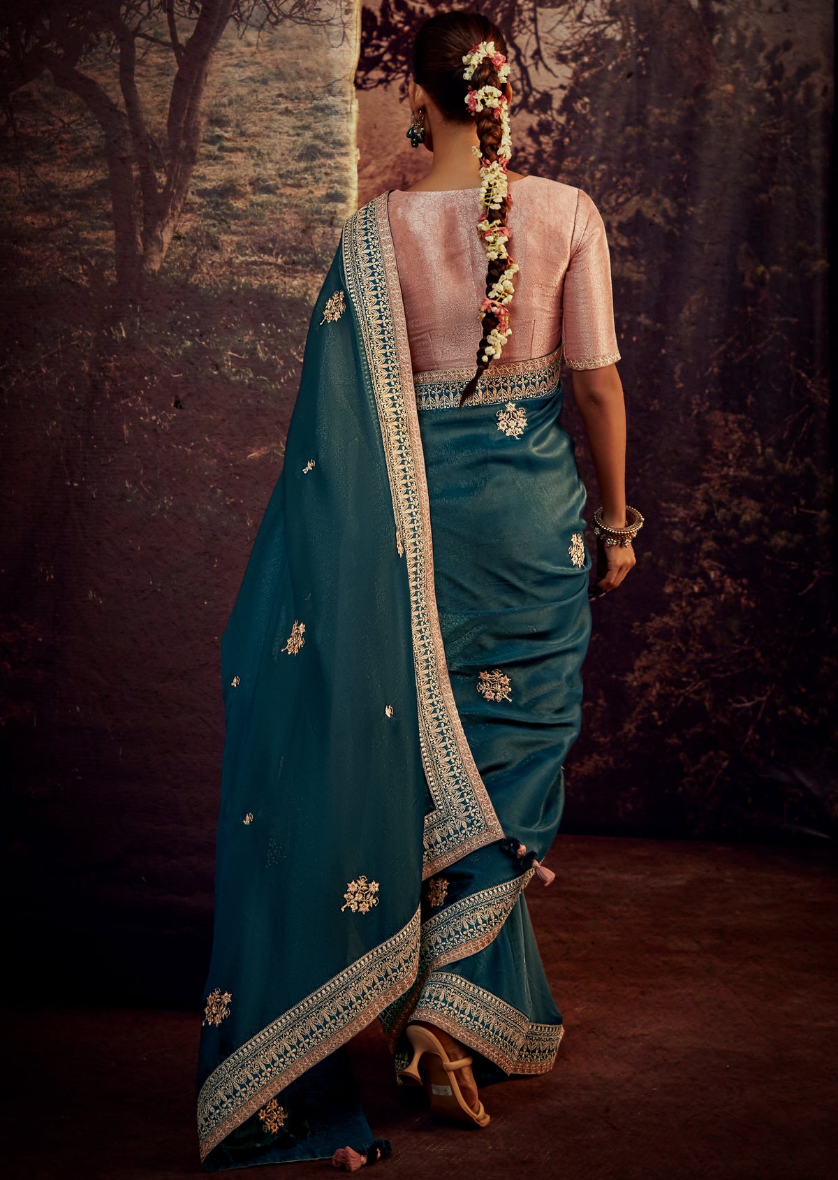 TEAL GREEN 	PURE TISSUE SILK DESIGNER SAREE