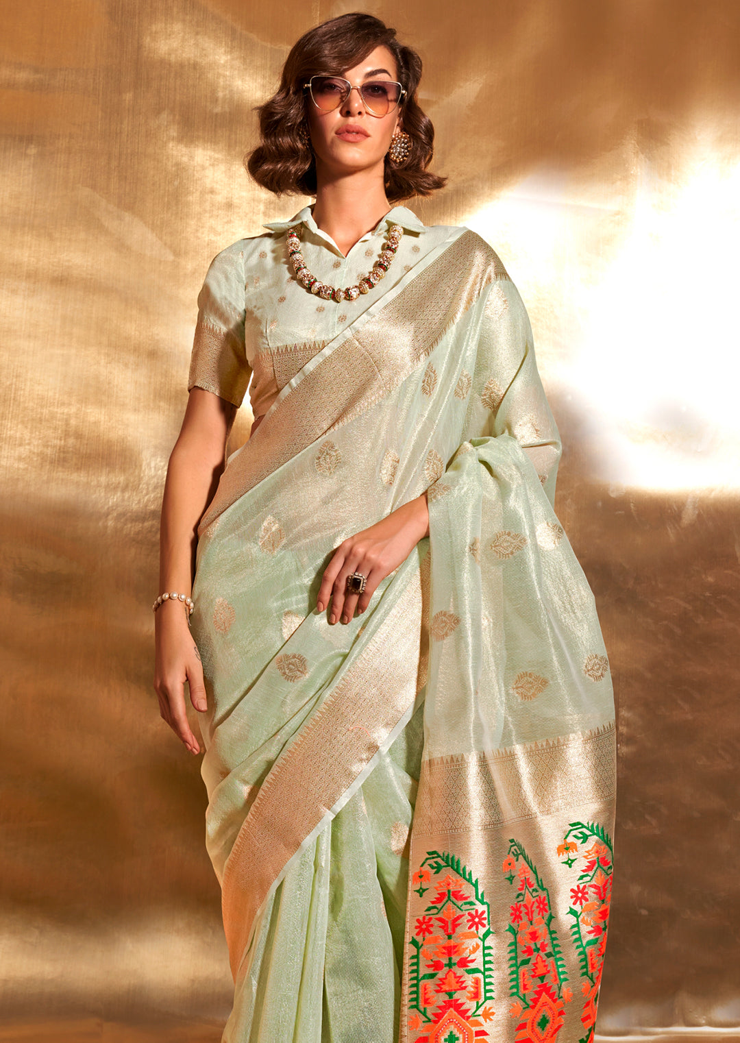 Mint Green Zari Woven Pure Paithani Tissue Silk Saree