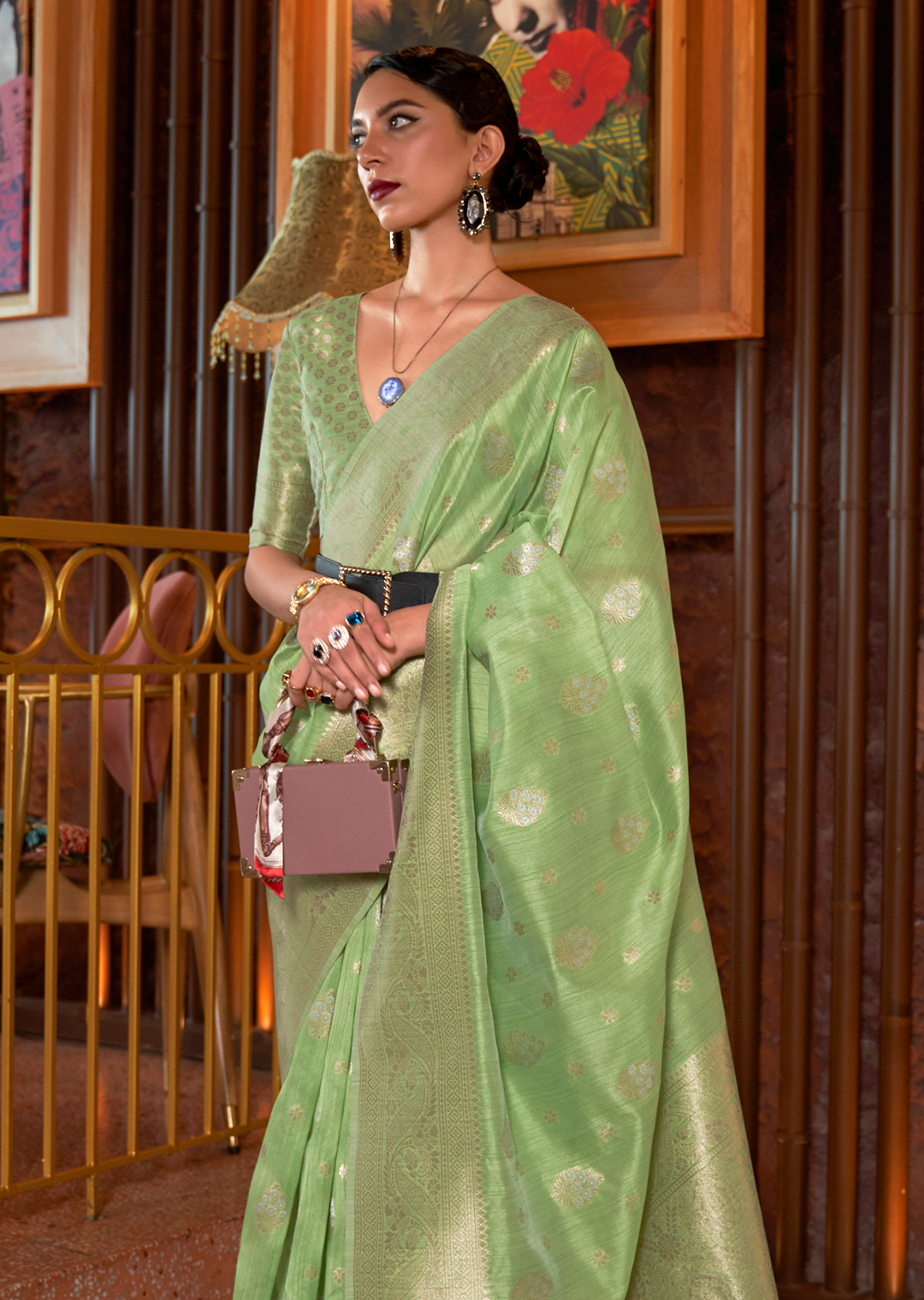 Tea Green Woven Pure Handloom Tussar Silk Saree