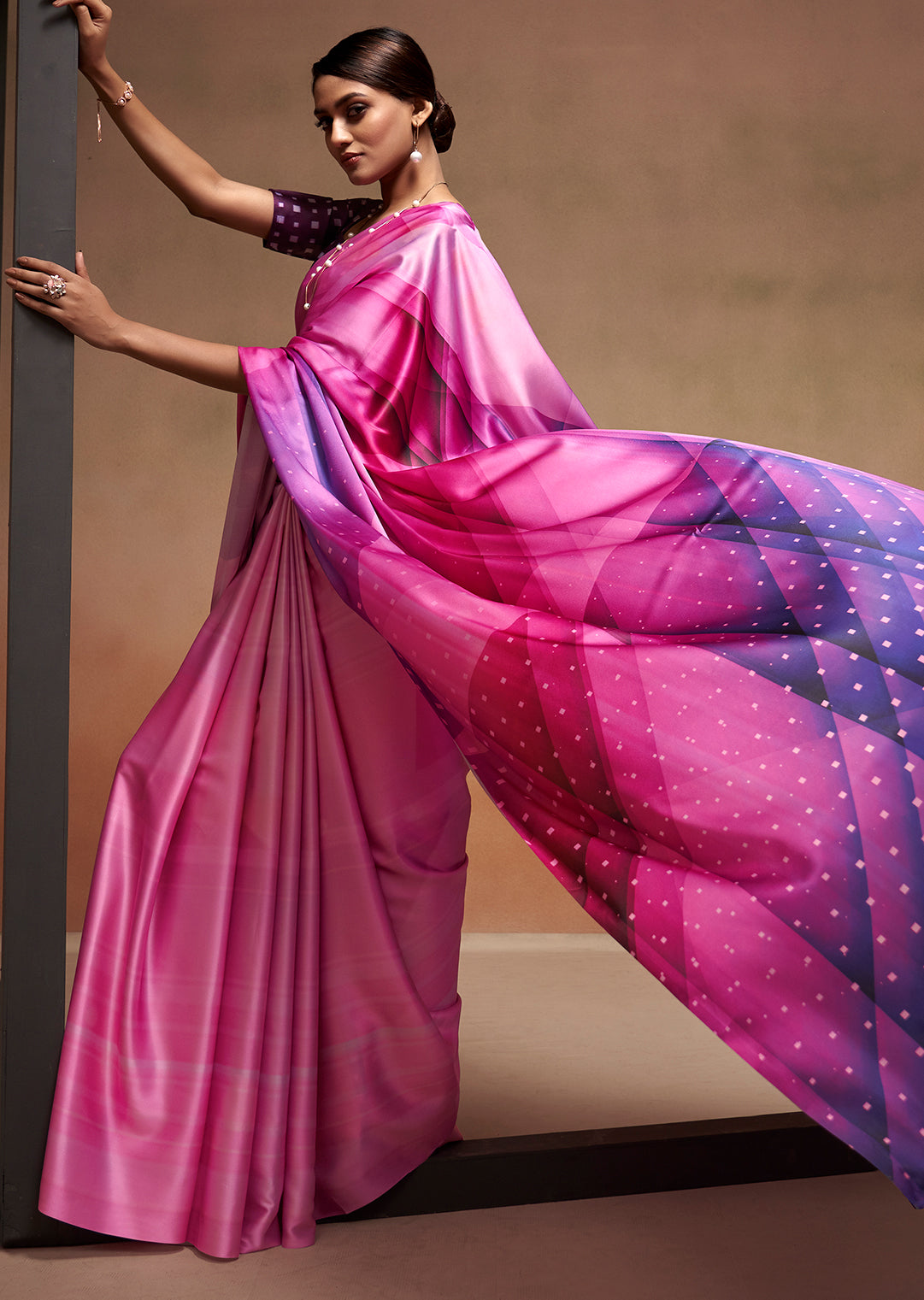 Pink Woven Digital Printed Satin Crepe Silk Saree