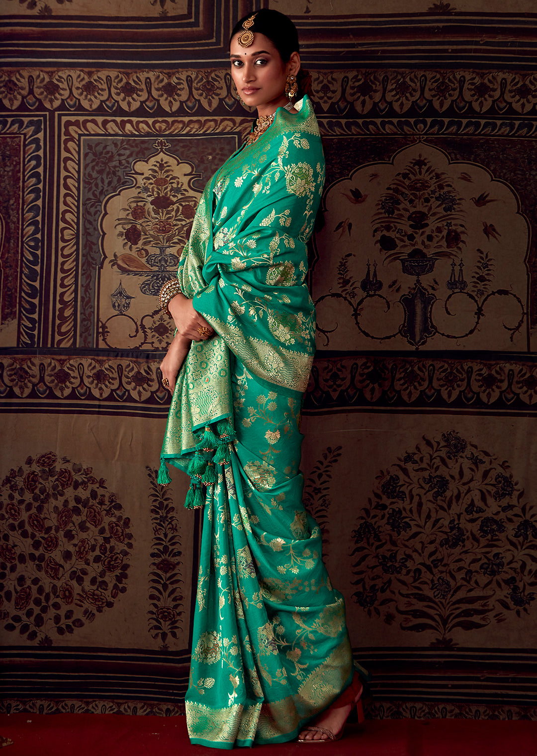 MARINE GREEN MEENAKARI WOVEN DESIGNER BANARASI SILK SAREE