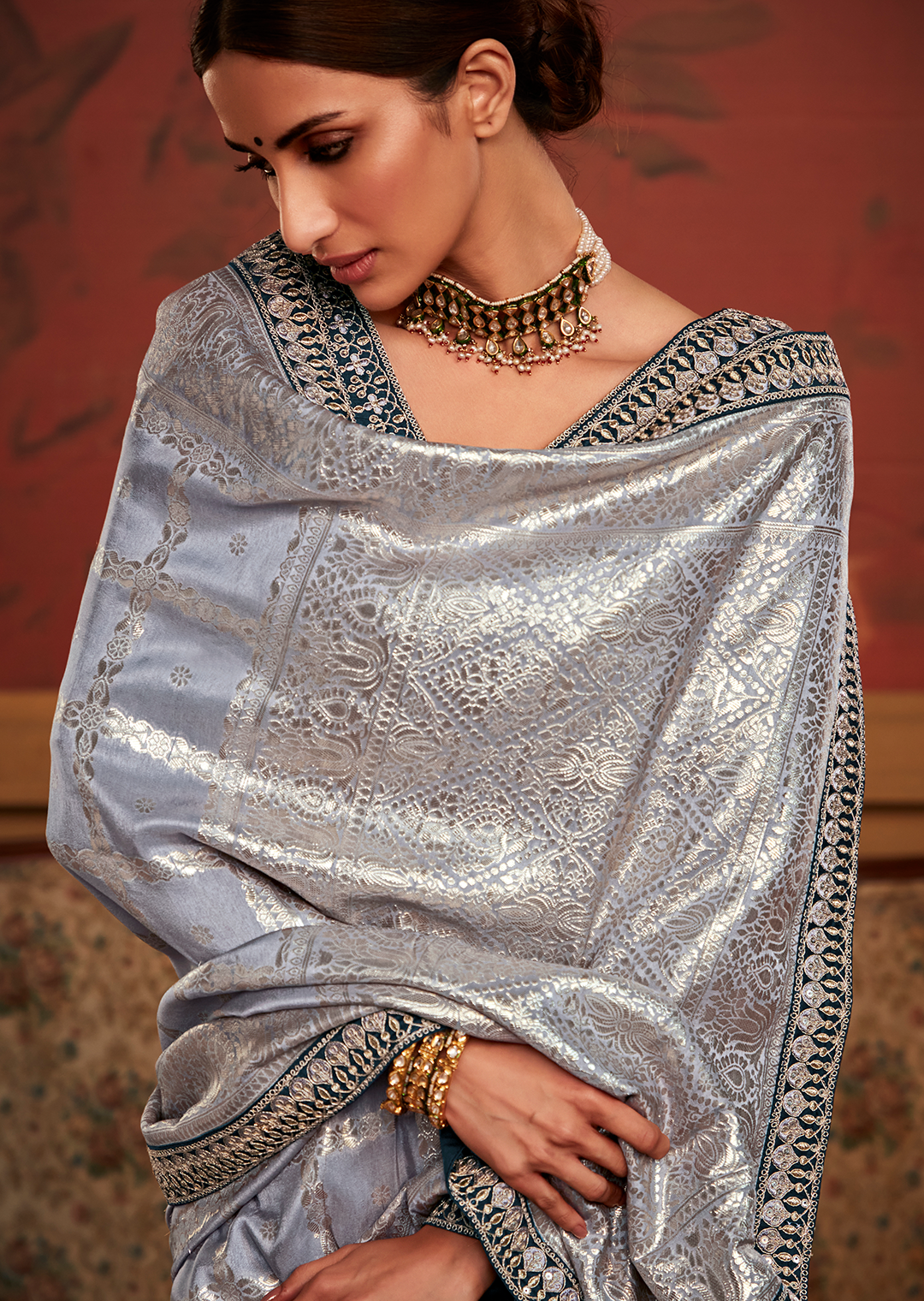 SLATE GREY PURE CREPE SILK DESIGNER BANARASI SAREE