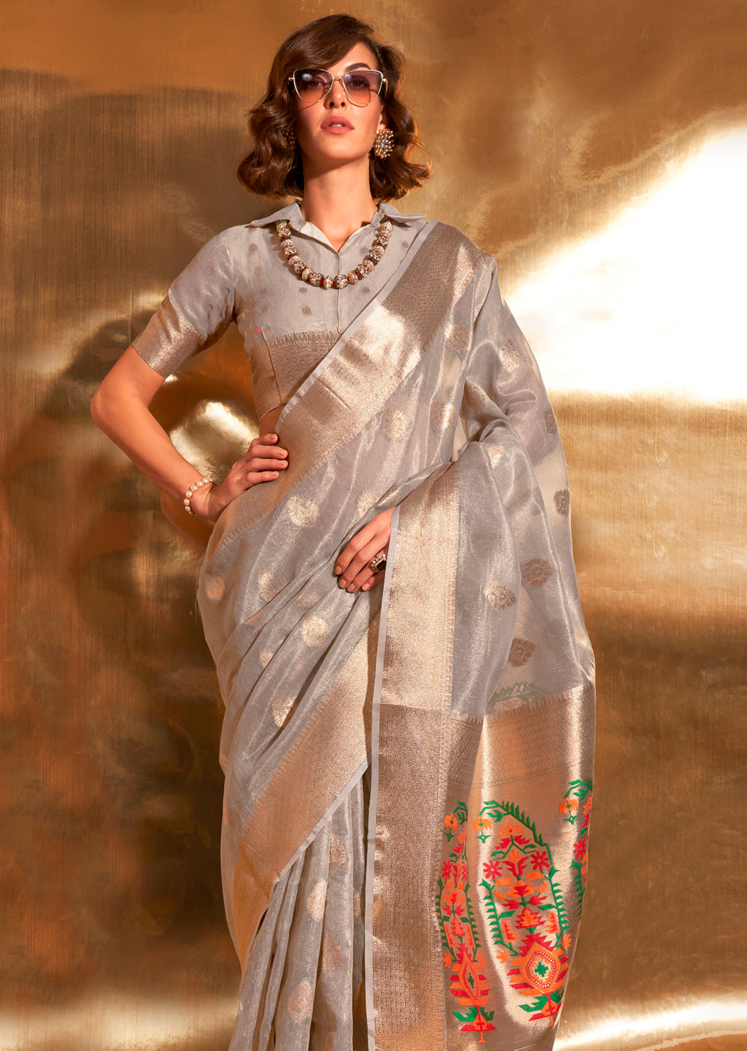 Grey Zari Woven Pure Paithani Tissue Silk Saree