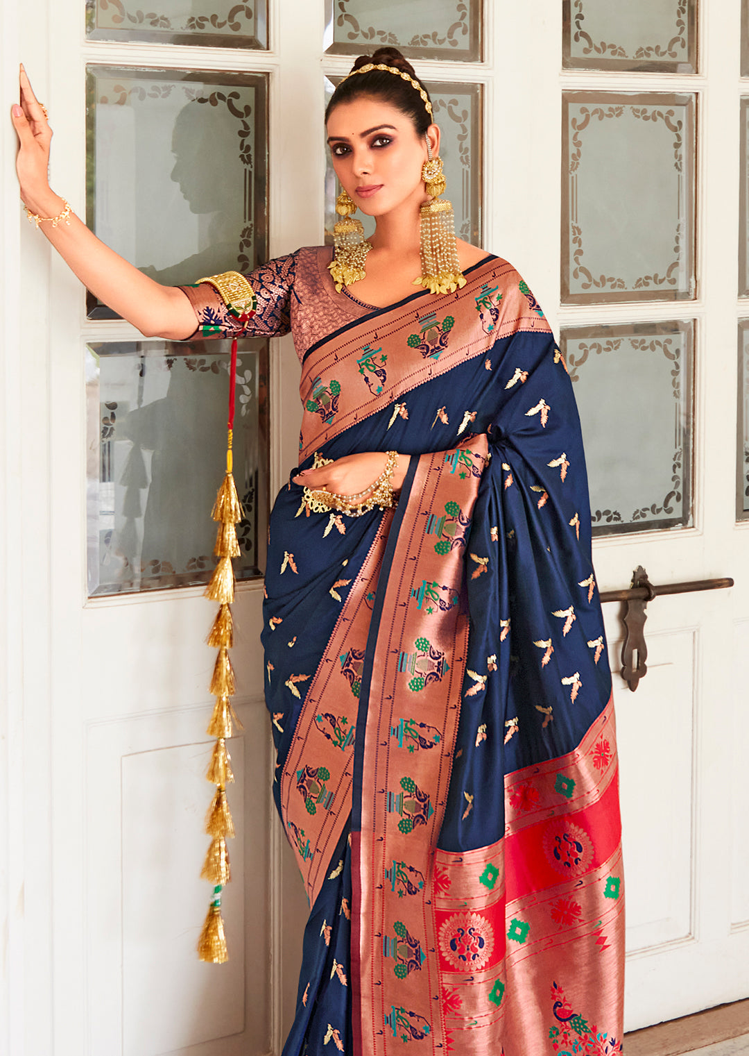 Navy Blue Copper Zari Woven Traditional Paithani Silk Saree