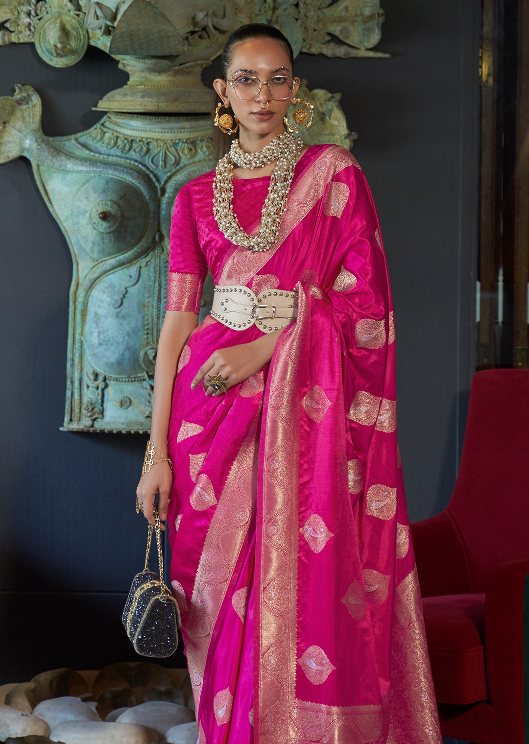 Hot Pink	Zari Woven Pure Handloom Banarasi Satin Silk Saree