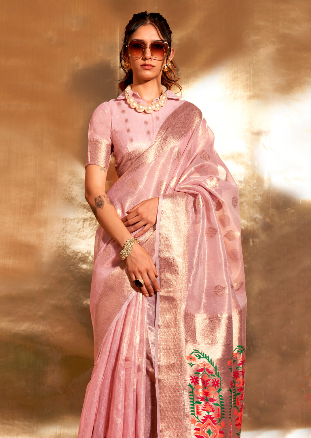 Crepe Pink Zari Woven Pure Paithani Tissue Silk Saree