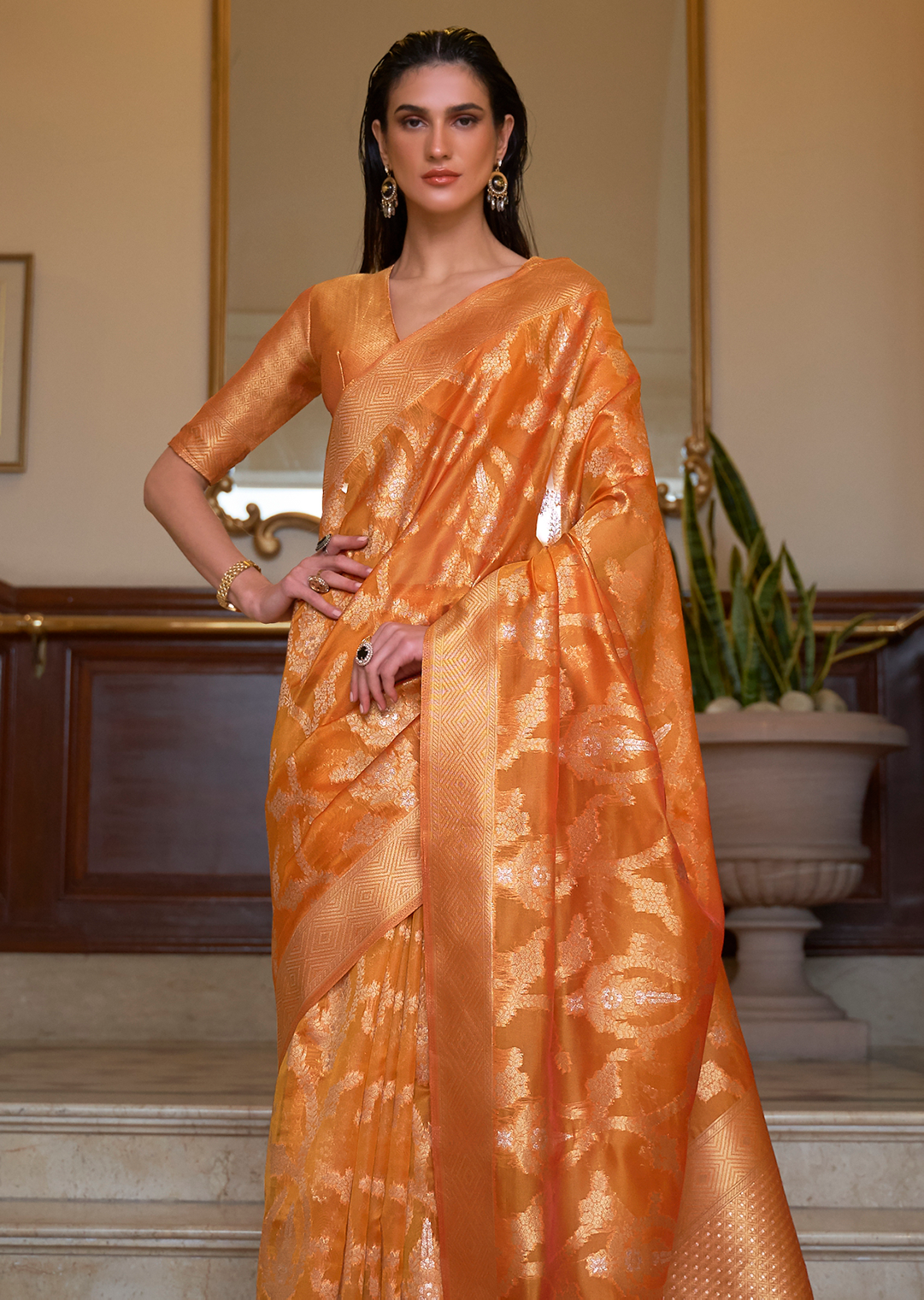 MUSTARD YELLOW ZARI WOVEN HANDLOOM ORGANZA SILK SAREE