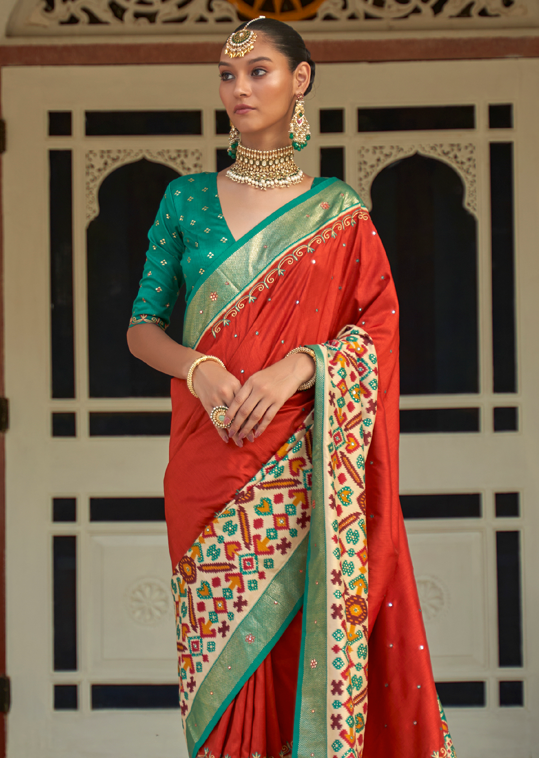 Coral Red Woven Traditional Patola Silk Saree