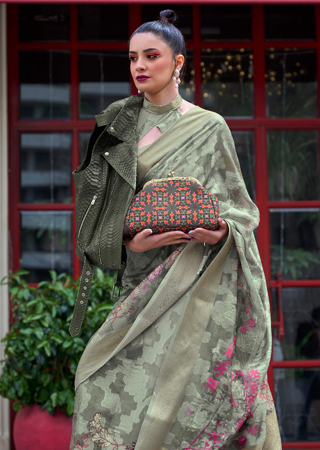 Tea Green Woven Printed Brasso Handloom Silk Saree