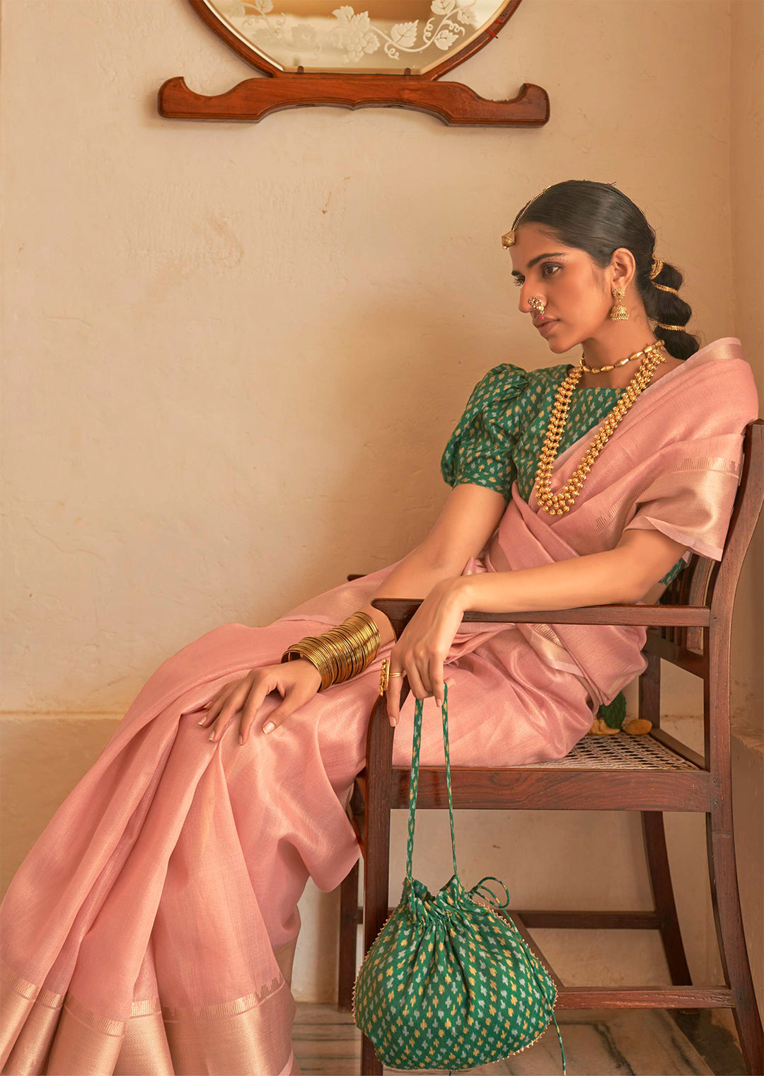 Crepe Pink Zari Woven Handloom Linen Tissue Silk Saree