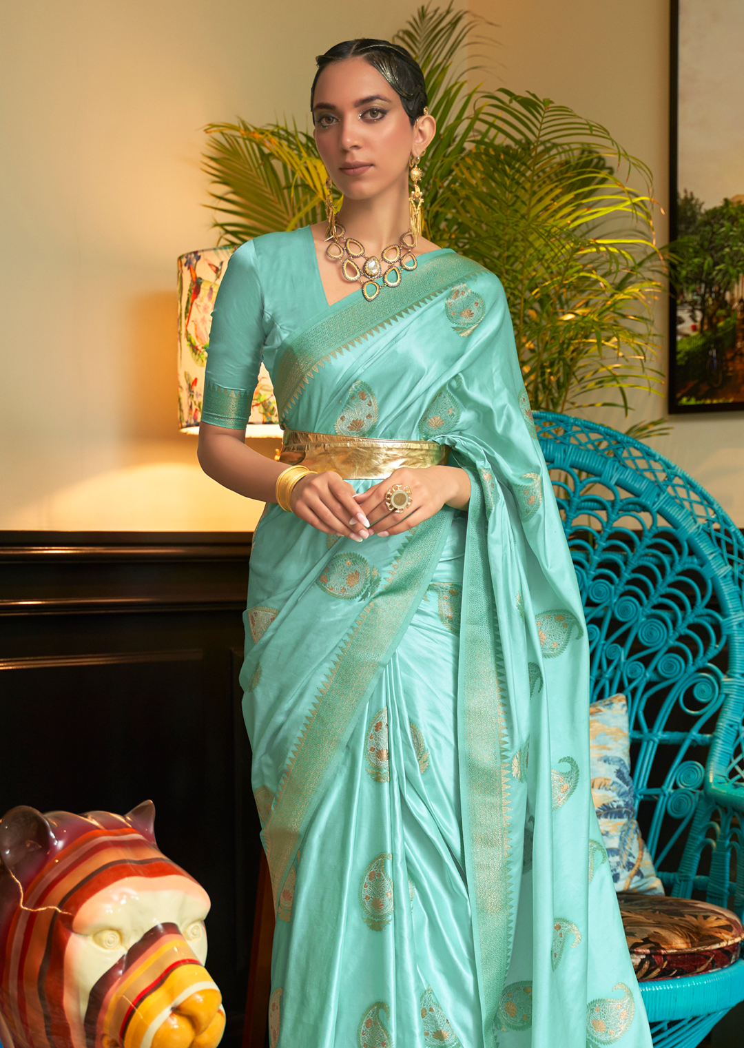 PALE TURQUOISE BLUE  ZARI WOVEN BANARASI PURE SATIN SILK SAREE