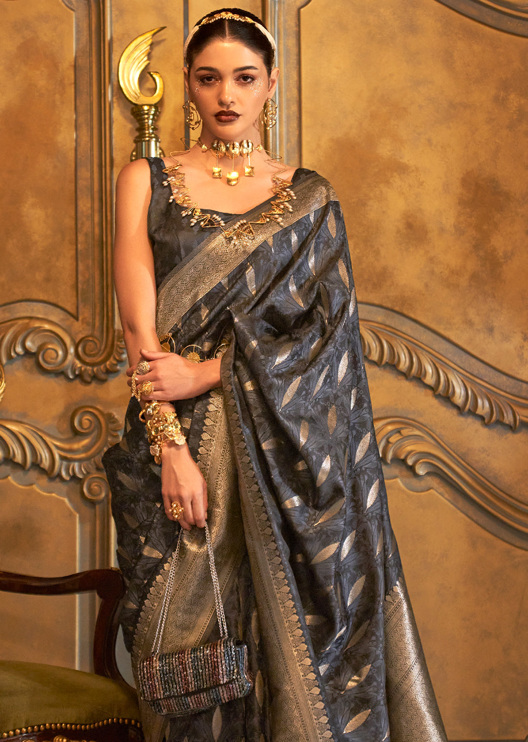 Deep Grey Zari Woven Handloom Pure Banarasi Satin Silk Saree