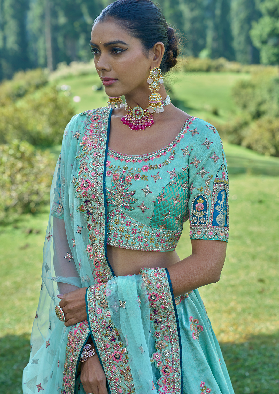 Aqua Blue Hand Worked Premium Designer Silk Lehenga