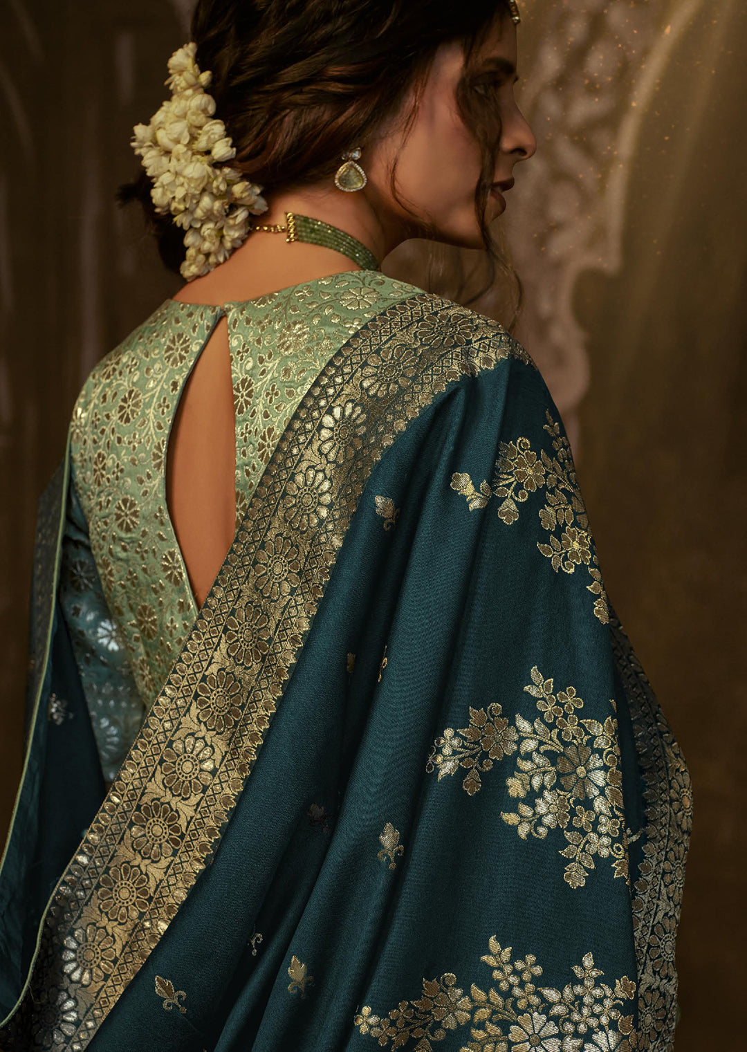 DEEP TEAL BLUE 	WOVEN PURE CREPE SILK DESIGNER BANARASI SAREE