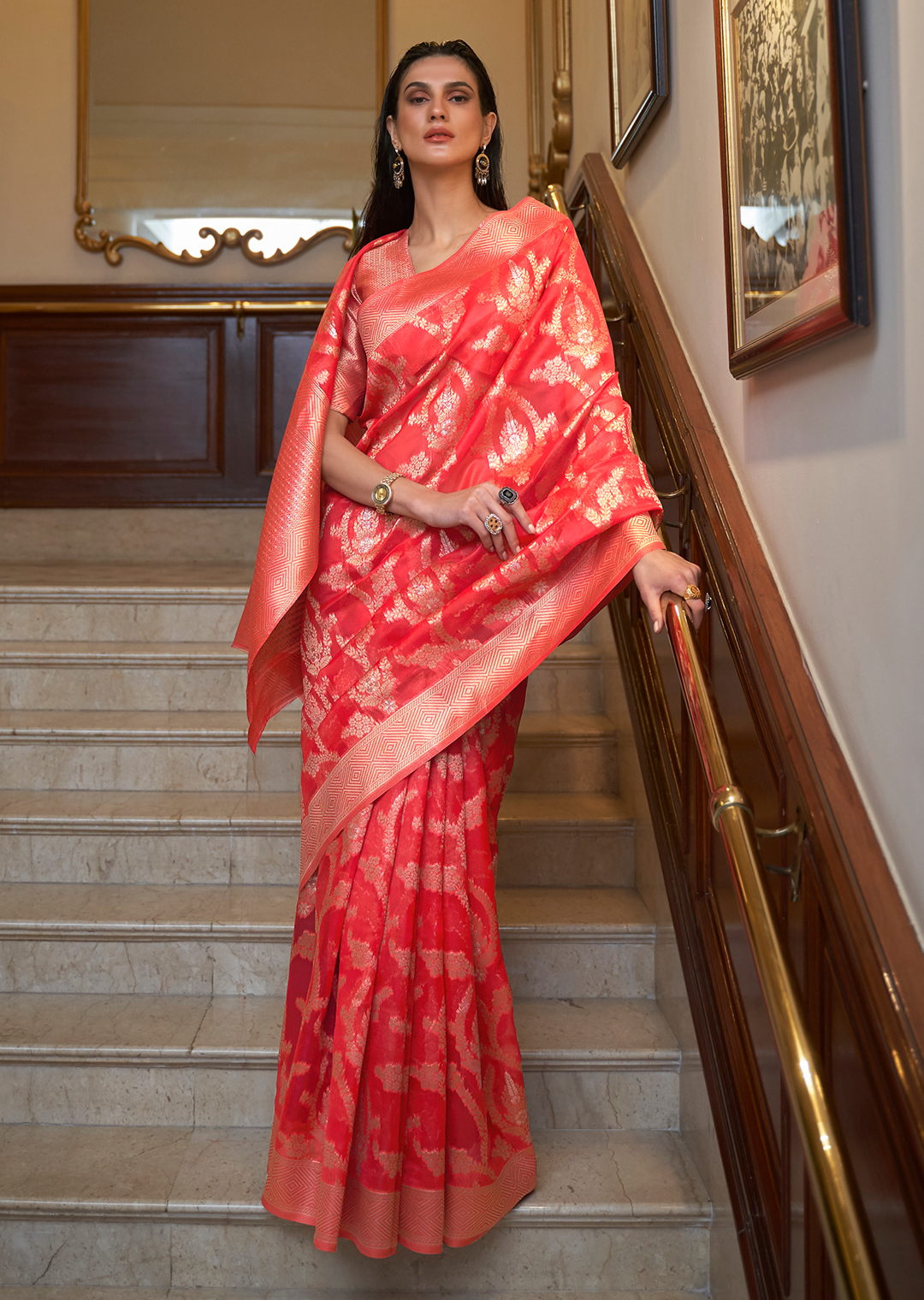 COPPER RED	ZARI WOVEN HANDLOOM ORGANZA SILK SAREE