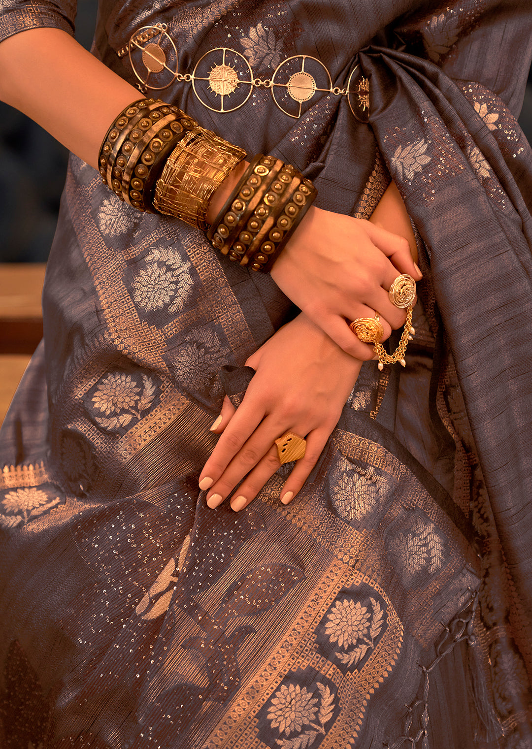 Ashley Grey Woven Pure Handloom Tussar Silk Saree