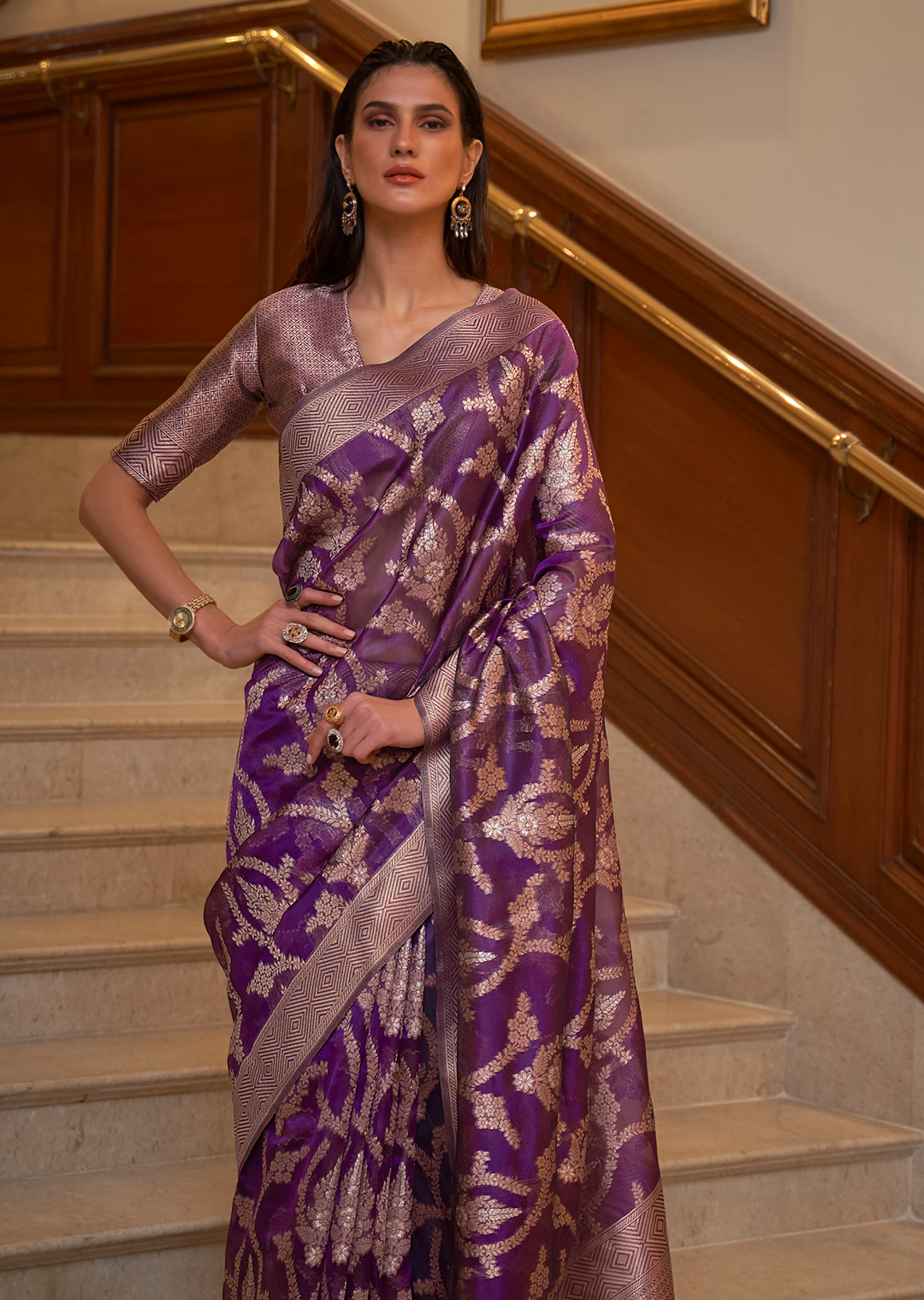 PLUM PURPLE  ZARI WOVEN HANDLOOM ORGANZA SILK SAREE