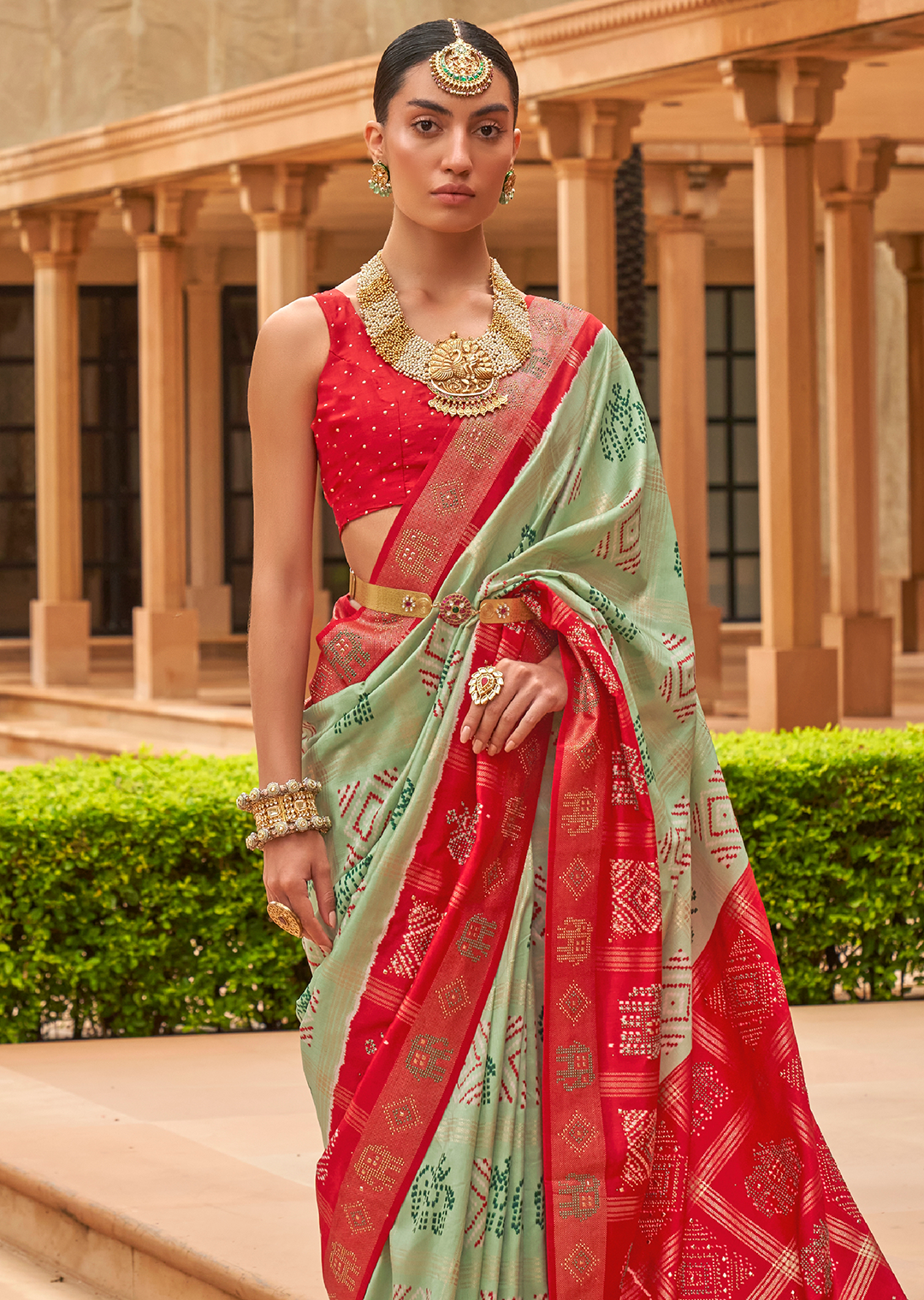 Tea Green Woven Traditional Bandhani Patola Silk Saree