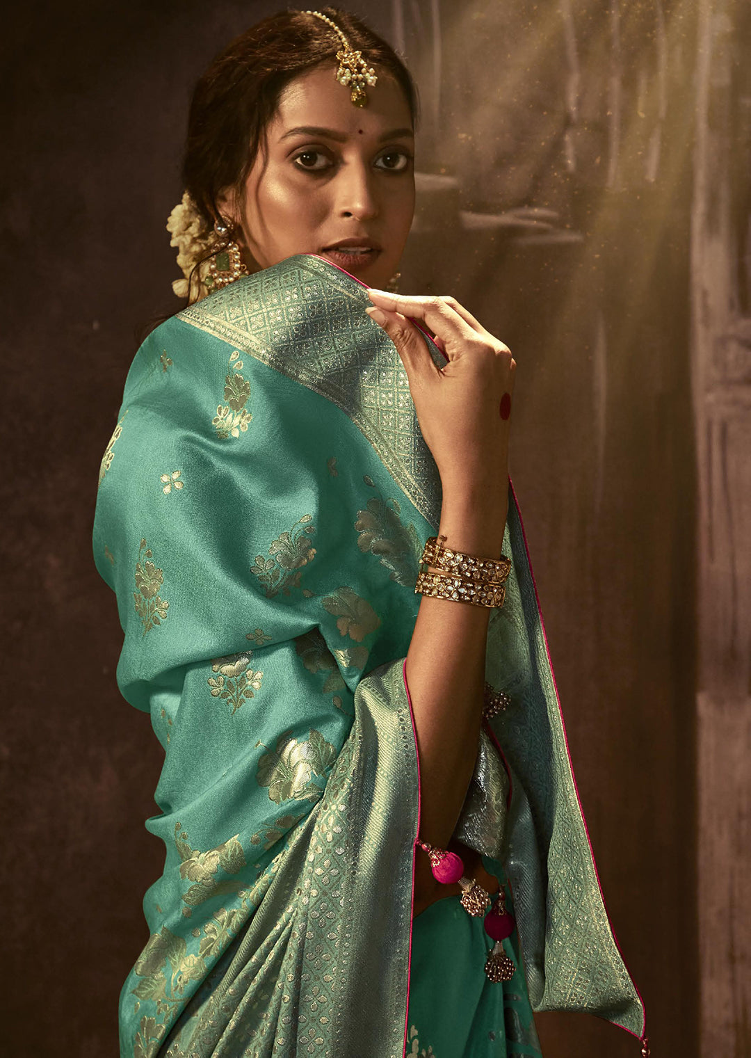 PEARL AQUA BLUE WOVEN PURE CREPE SILK DESIGNER BANARASI SAREE