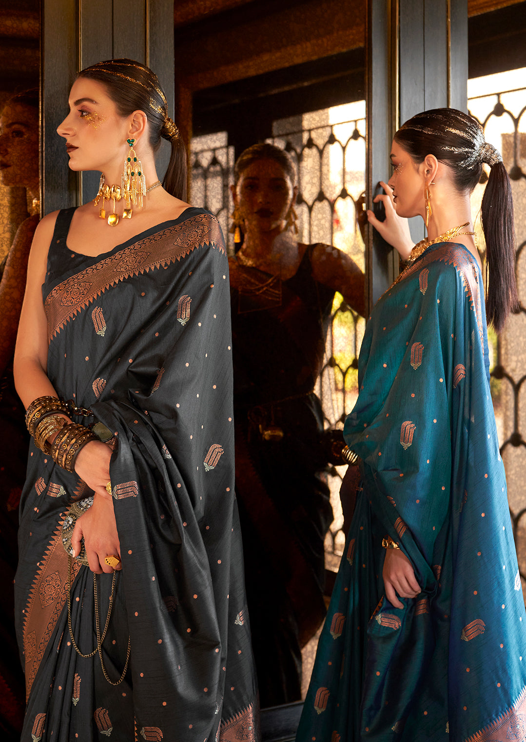 Black Copper Zari Woven Pure Handloom Banarasi Silk Saree