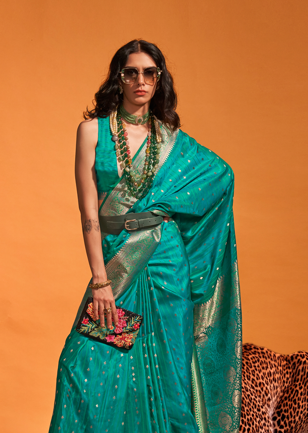 Turquoise Blue Zari Woven  Handloom Pure Banarasi Satin Silk Saree