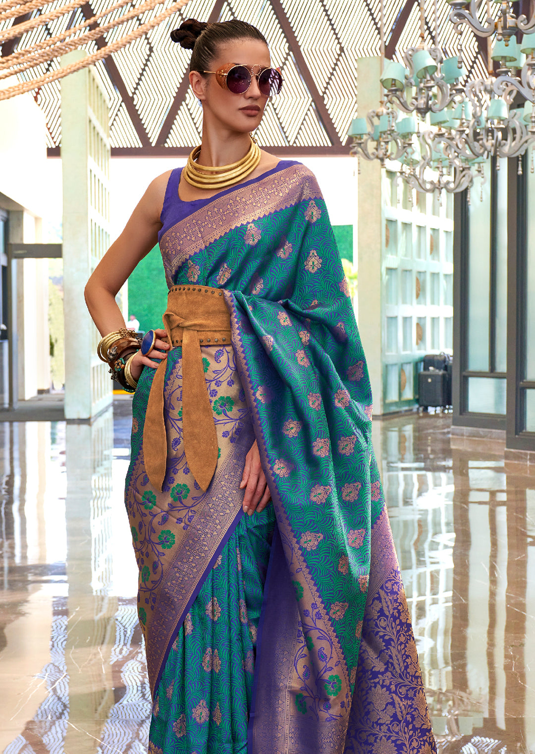 Teal Blue Woven Handloom Banarasi Silk Saree