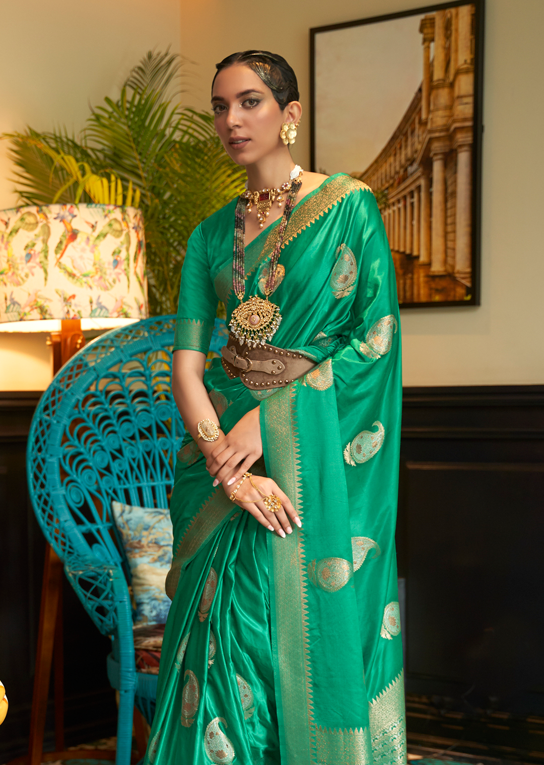 EMERALD GREEN	ZARI WOVEN BANARASI PURE SATIN SILK SAREE