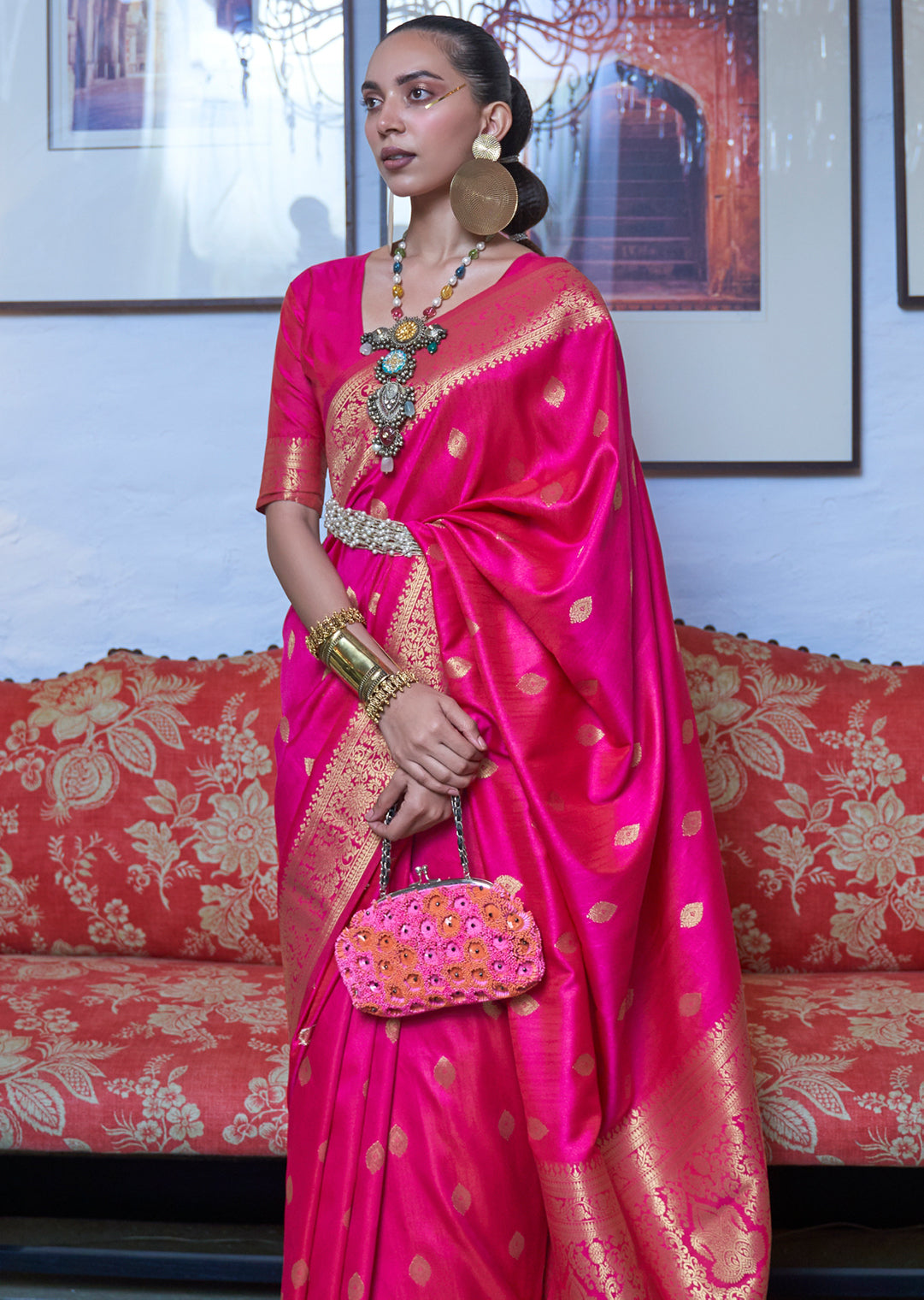 Hot Pink	Zari Woven Pure Handloom Silk Saree