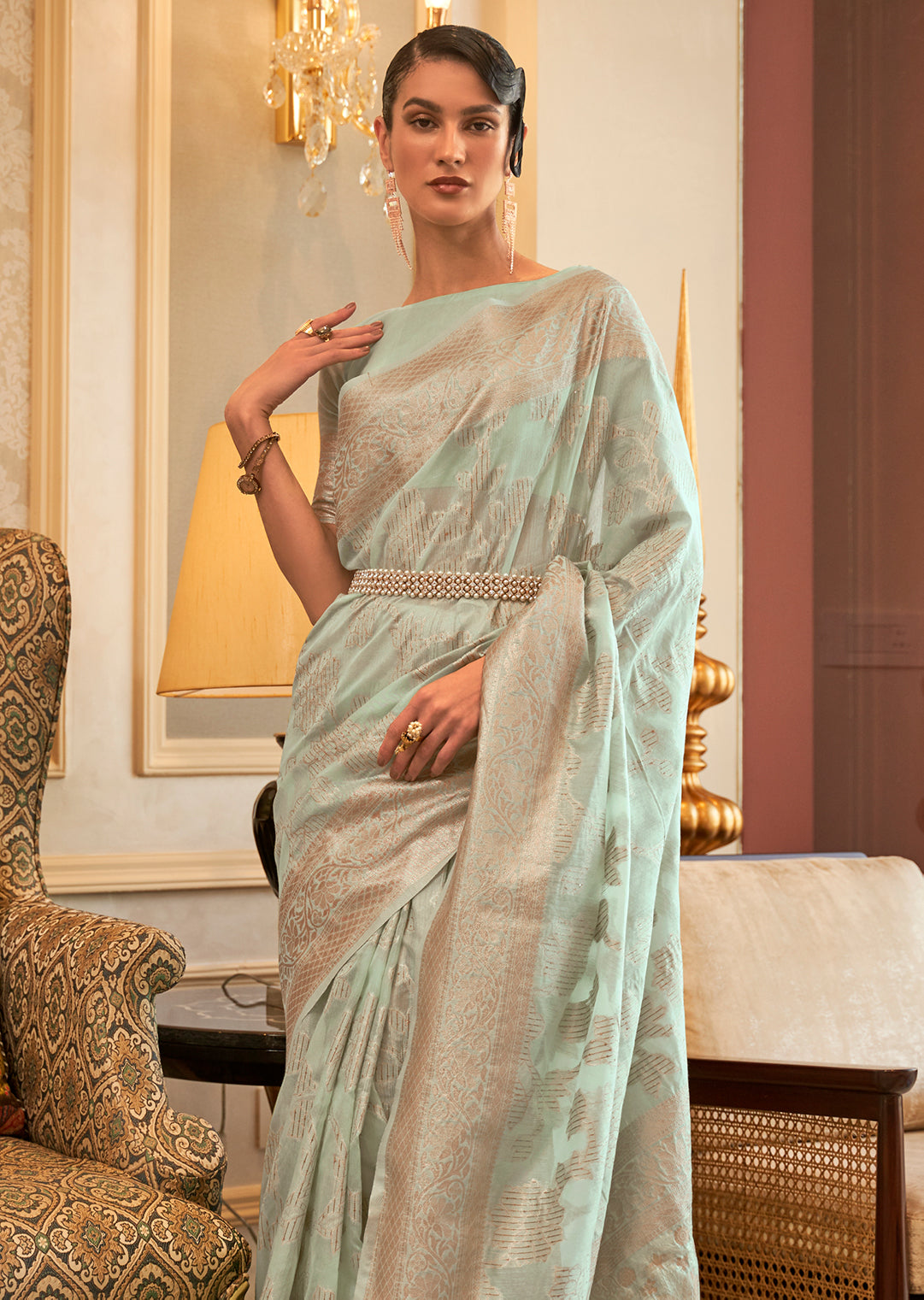 Mint Green Zari Woven Pure Handloom Linen Silk Saree