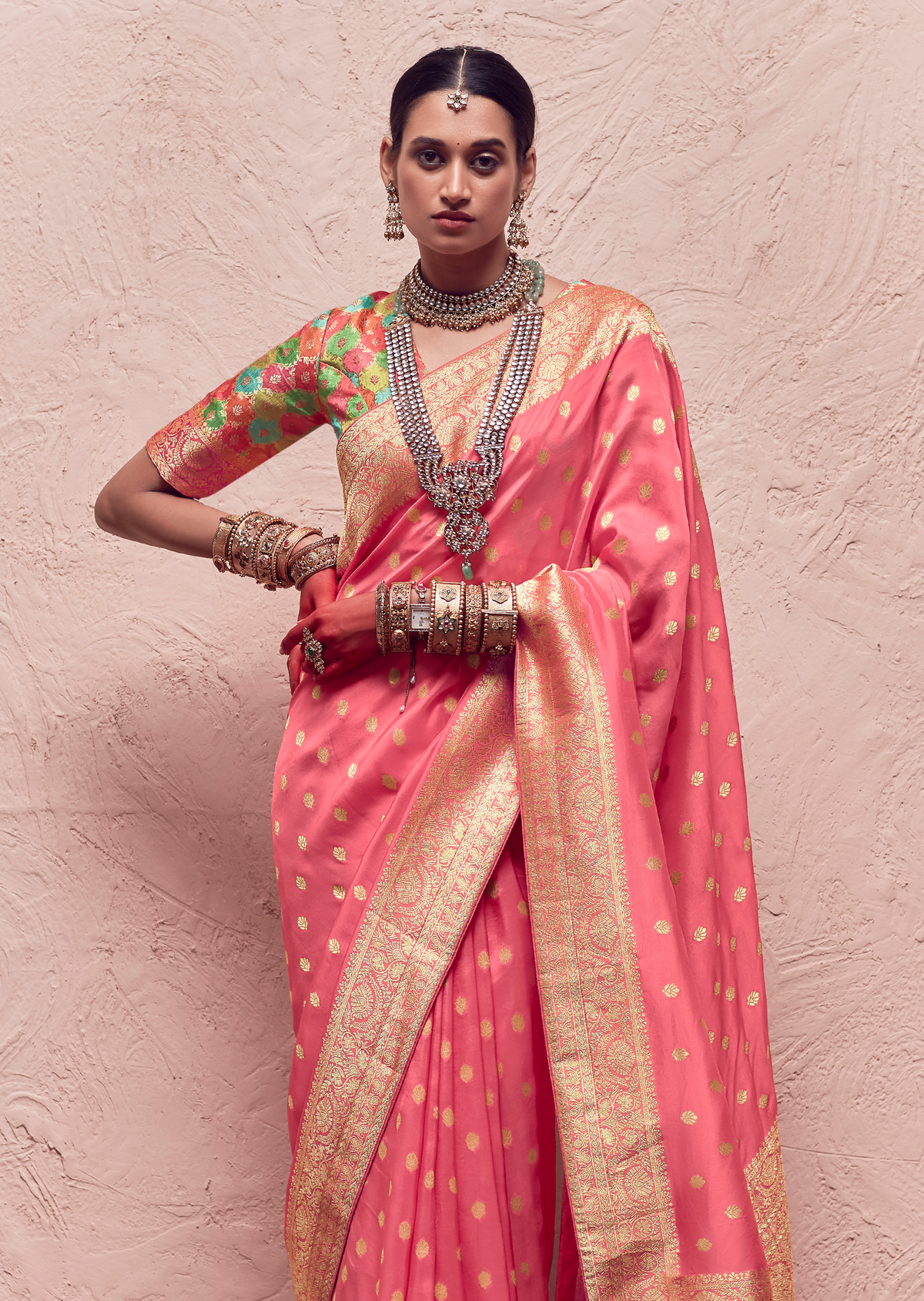 GEORGIA PEACH PURE CREPE SILK DESIGNER KHADDI BANARASI SAREE