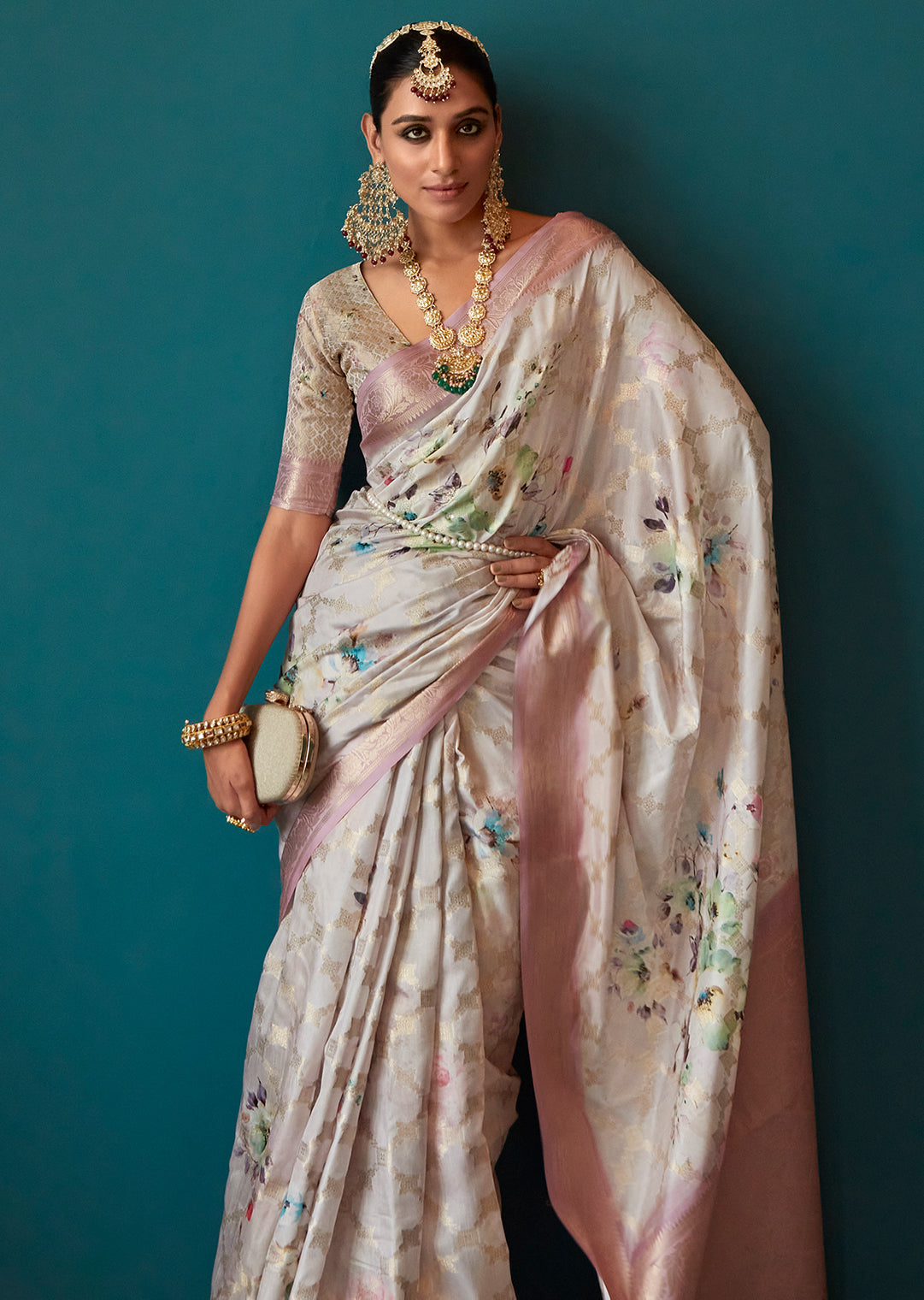 White Zari Woven Printed Handloom Crepe Silk Saree