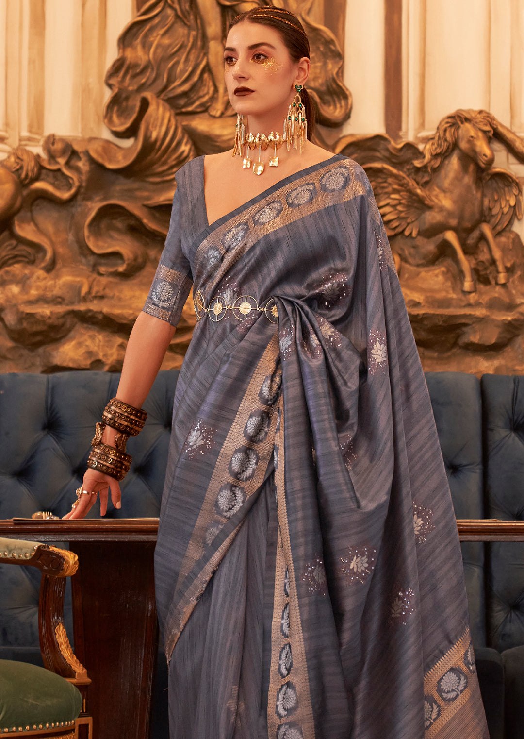 Slate Blue Woven Pure Handloom Tussar Silk Saree