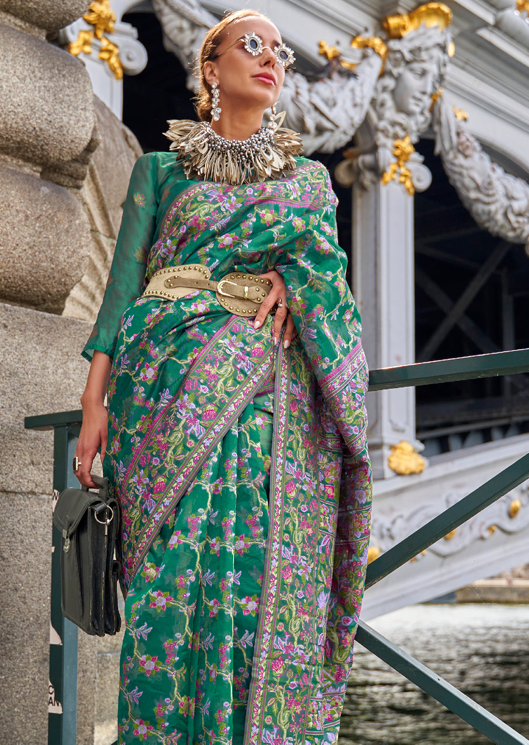 Jade Green Woven Pure Handloom Parsi Organza Silk Saree