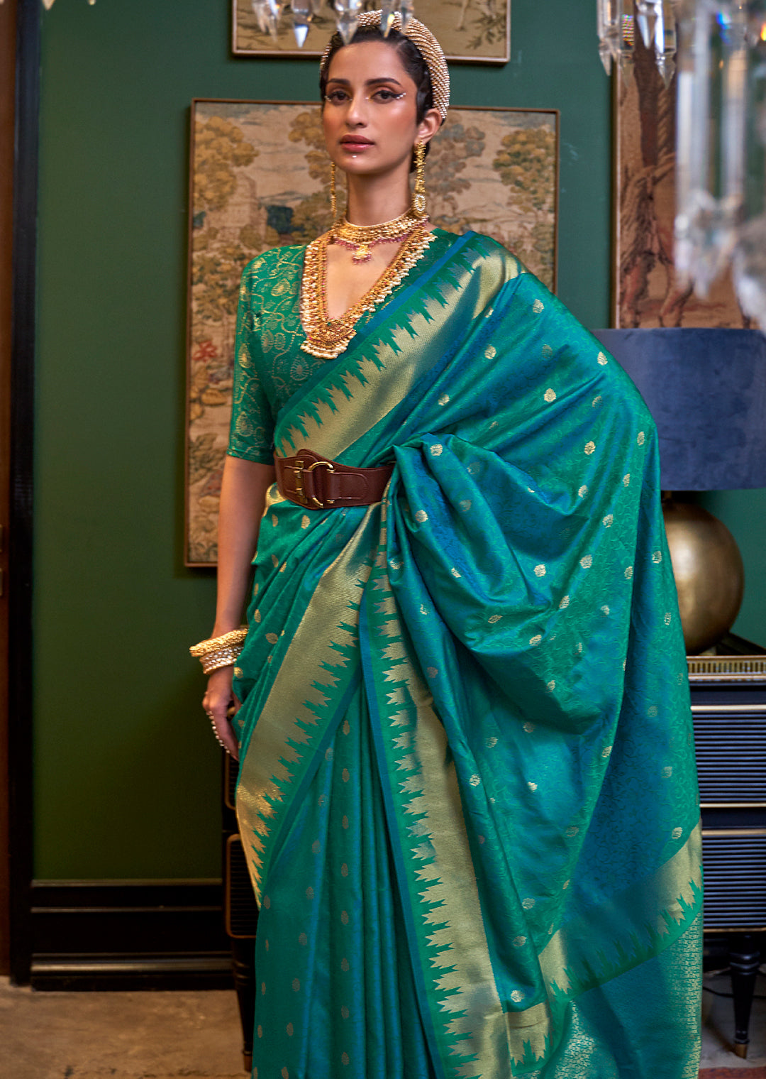 Teal Blue Zari Woven Pure Handloom Banarasi Silk Saree