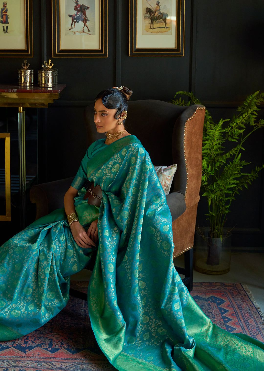 Teal Green Zari Woven Pure Handloom Kanjivaram Silk Saree