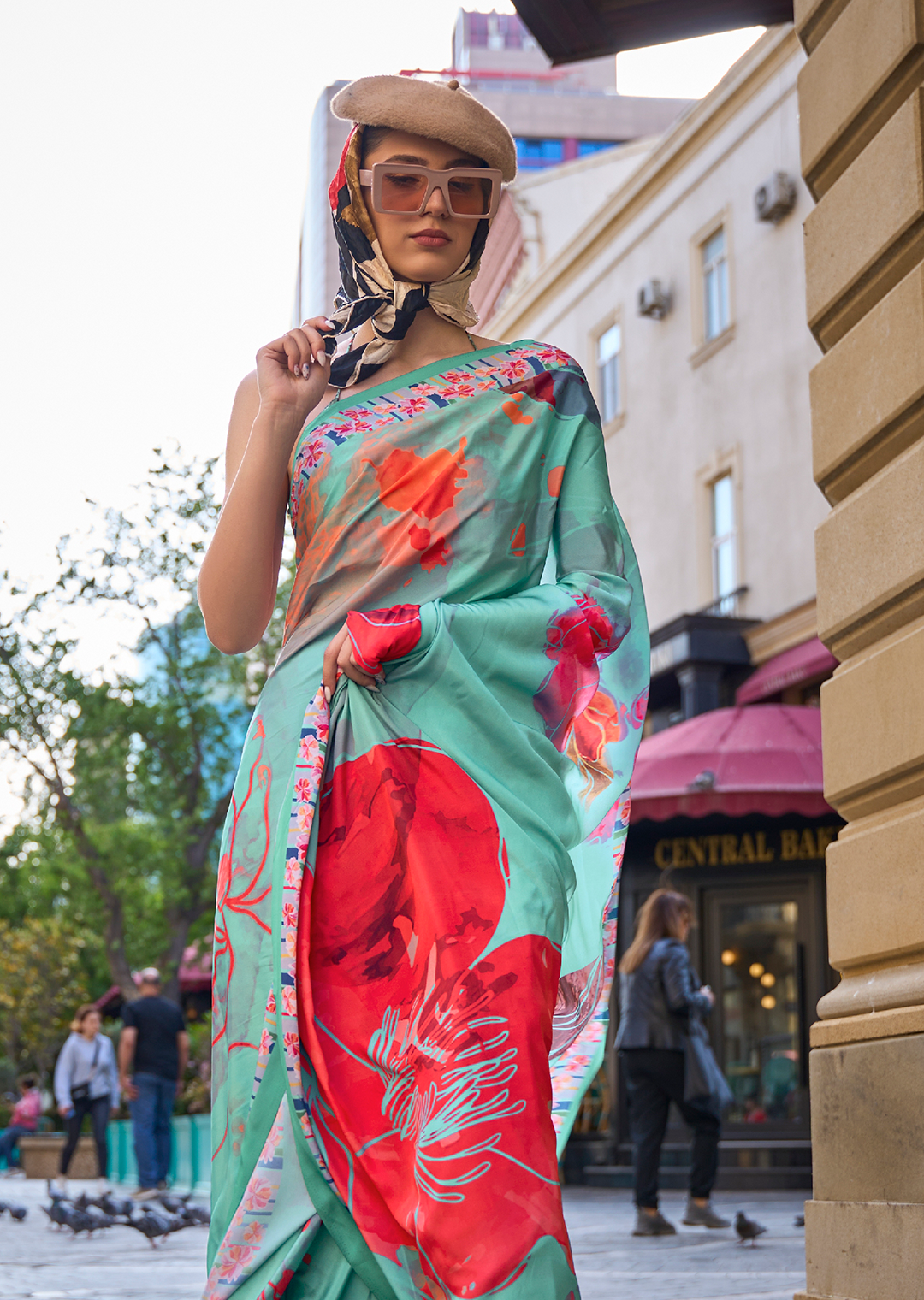 Turquoise Blue Woven Pure Satin Crepe Silk Saree