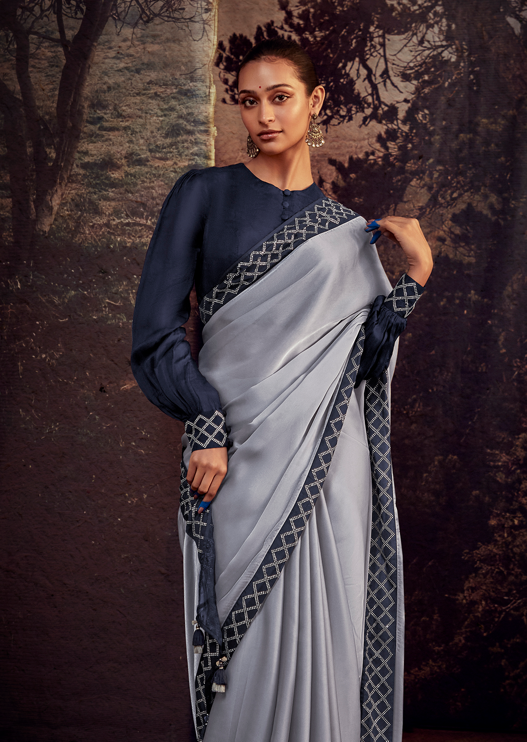 PIGEON GREY PURE SATIN TISSUE DESIGNER SILK SAREE