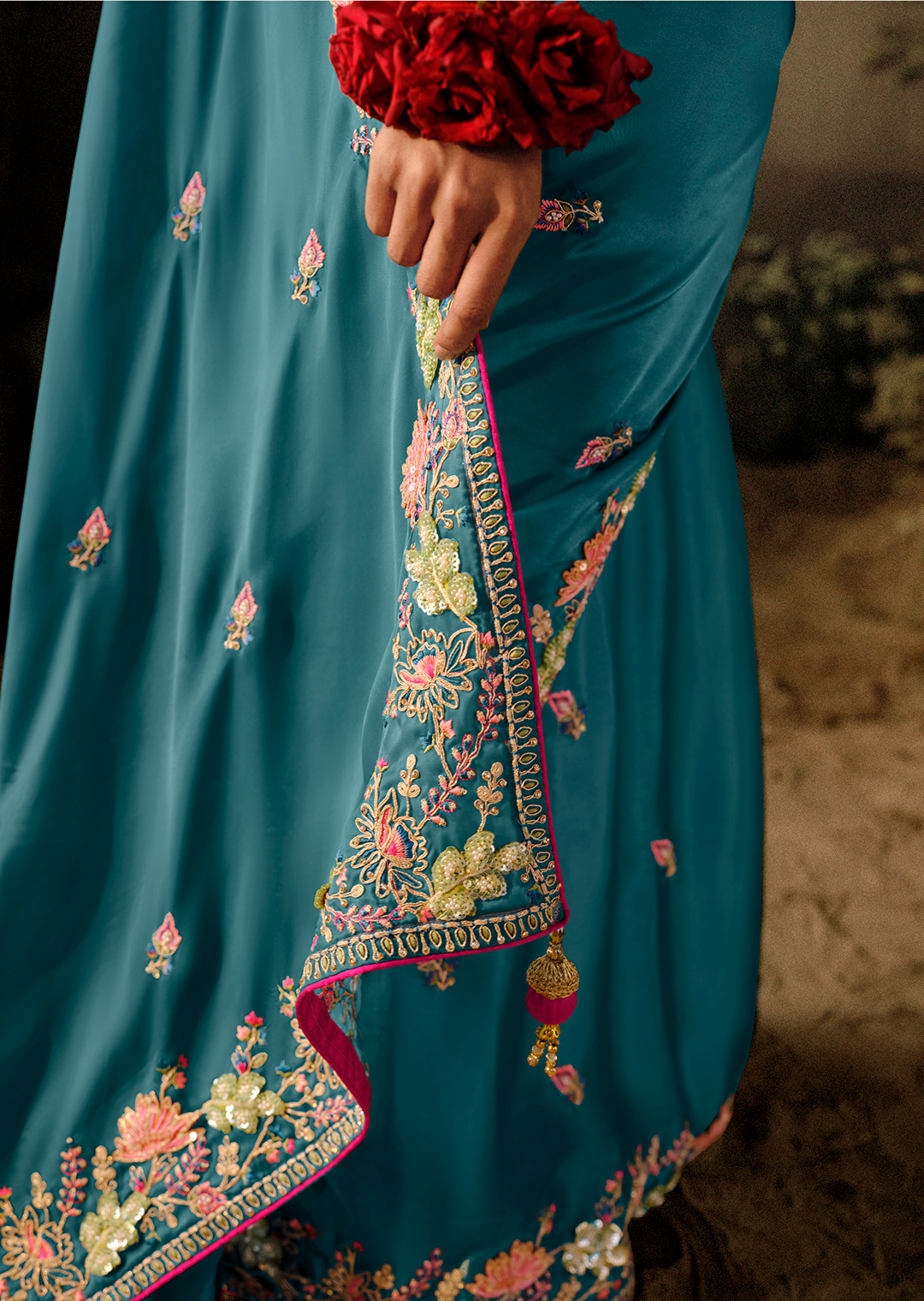 TEAL BLUE WOVEN HEAVY EMBROIDERED PREMIUM DESIGNER SILK SAREE