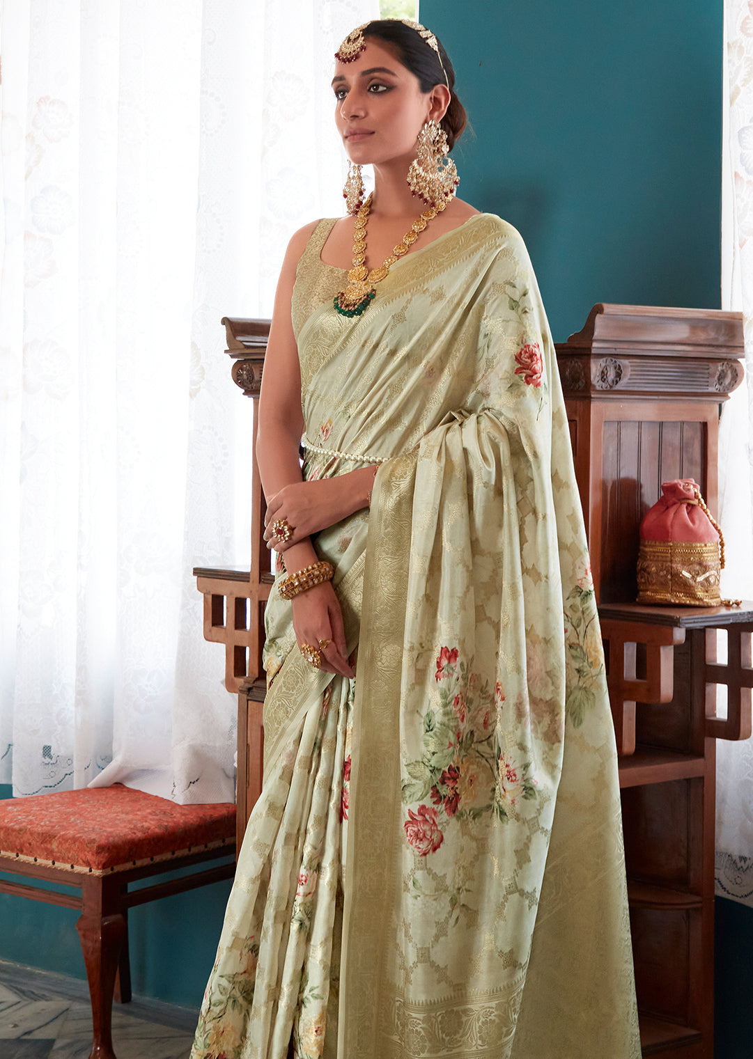 Light Tea Green Zari Woven Printed Handloom Crepe Silk Saree