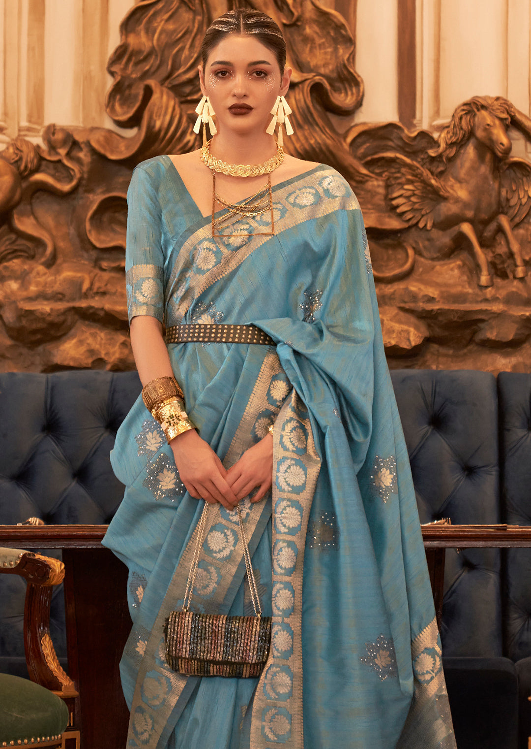 Powder Blue Woven Pure Handloom Tussar Silk Saree