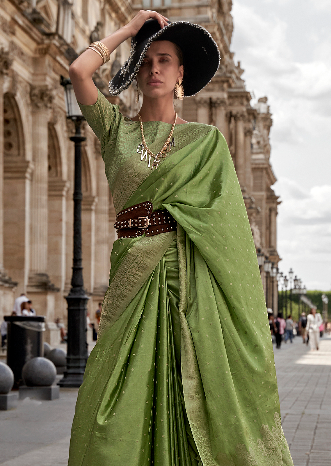 Pistachio Green Zari Woven Handloom Pure Banarasi Satin Silk Saree