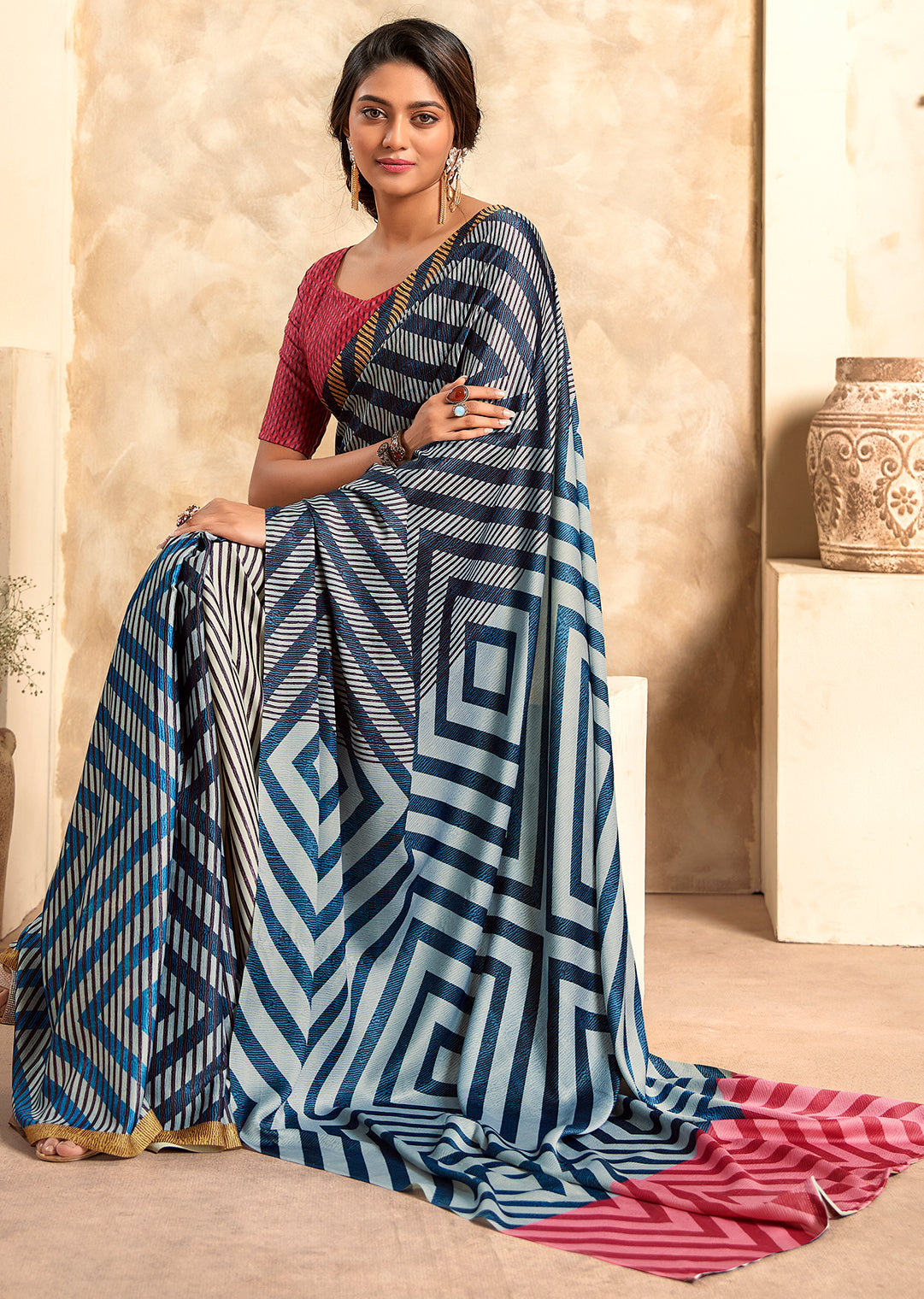 Blue Woven Digital Printed Crepe Silk Saree